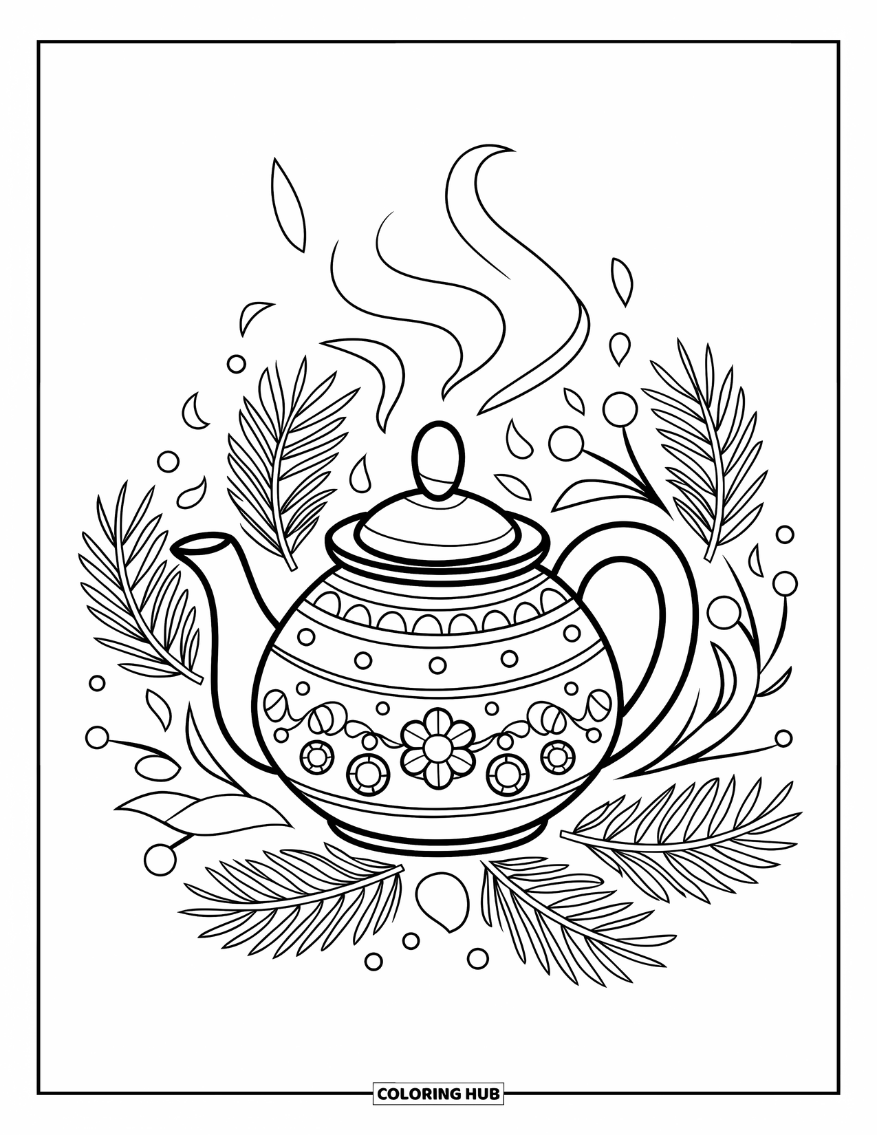 Winter Coloring Page for Kids: A steaming teapot with a winter design, framed by pine sprigs, berries, and scattered petals