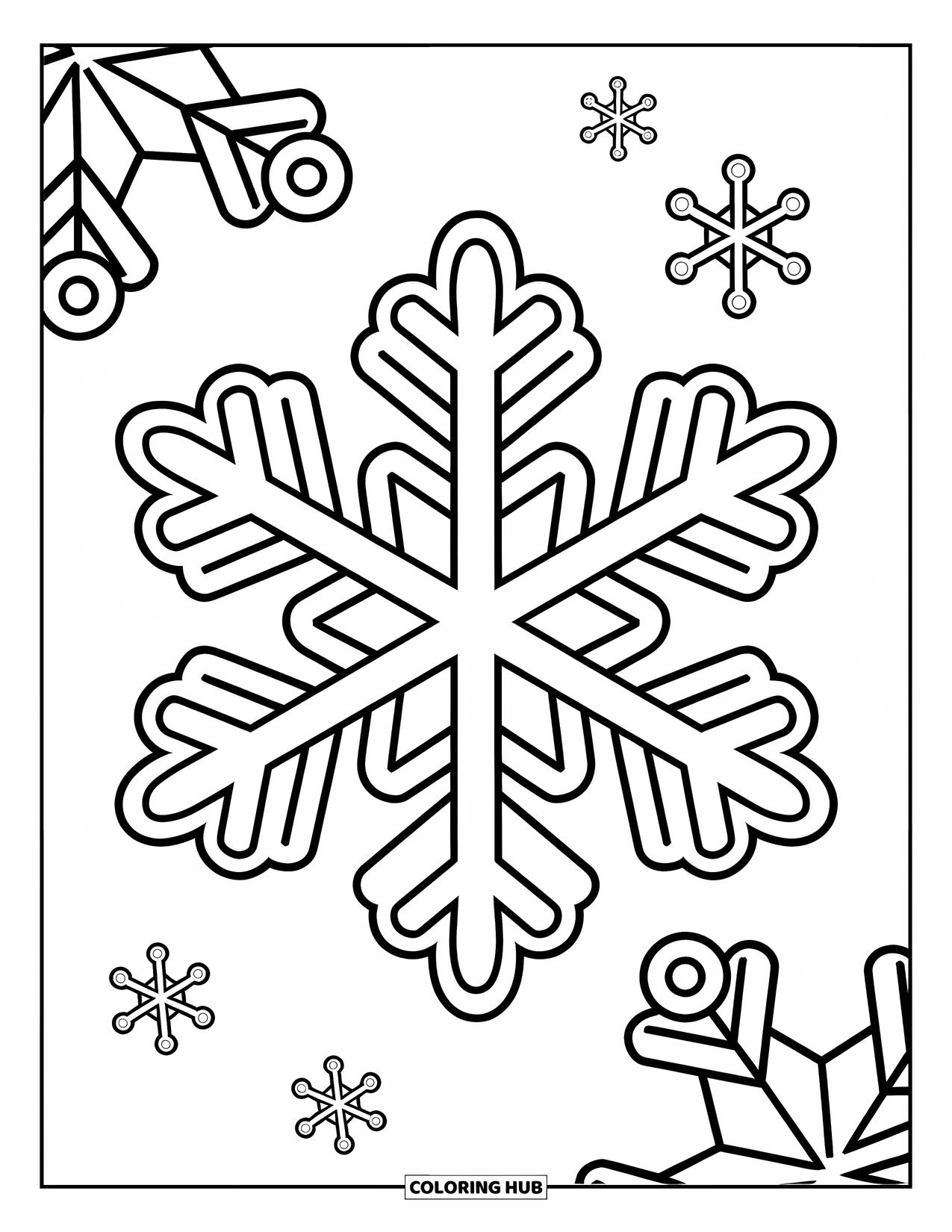 Winter Coloring Page for Kids: A unique six-armed snowflake with different patterns, with smaller snowflakes floating around it
