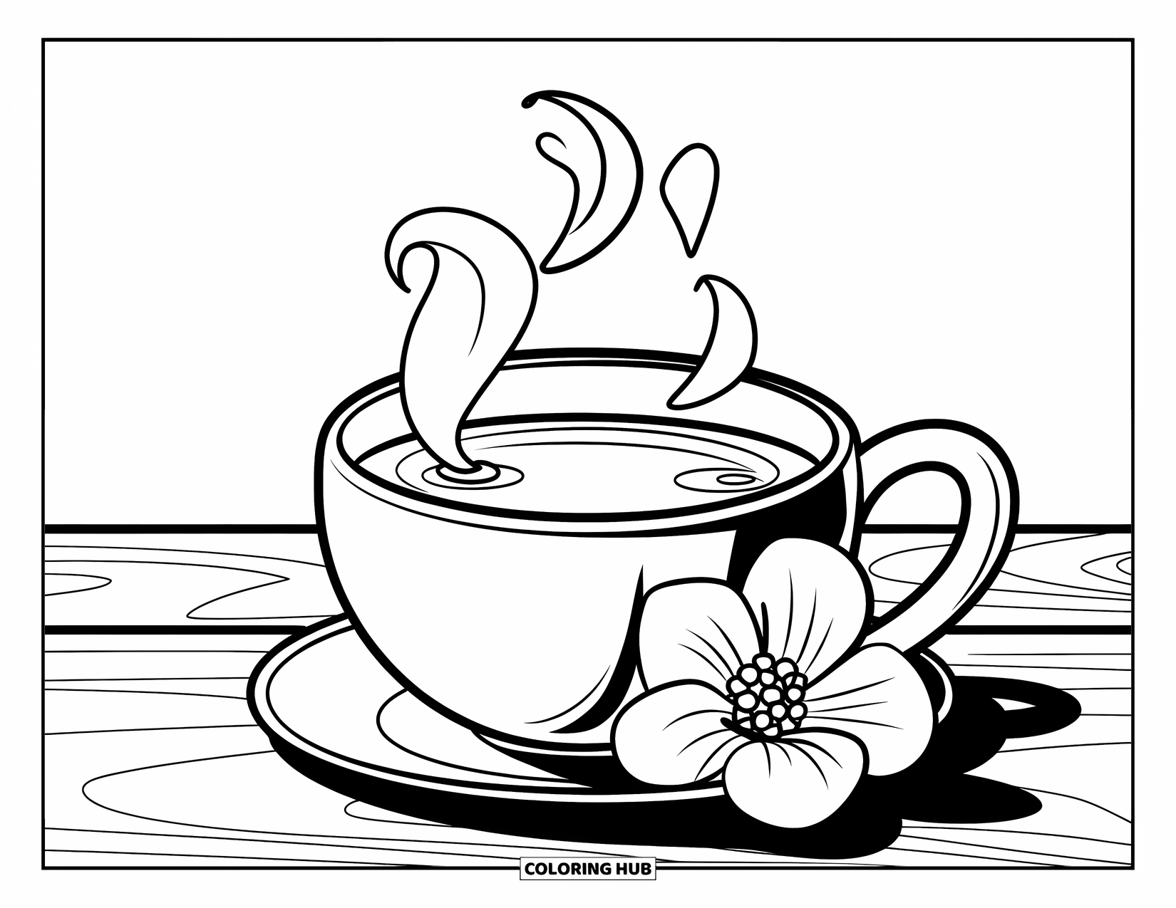 Winter Coloring Page for Kids: A warm mug of tea with soft steam swirls, resting on a wooden surface beside a flower