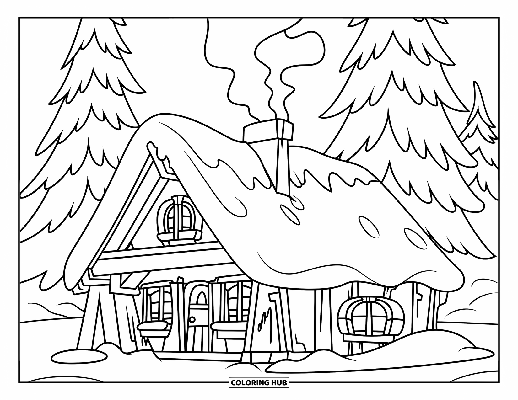 Winter Coloring Page for Kids: A warm winter cabin with snow piling on the roof, surrounded by tall snow-covered trees