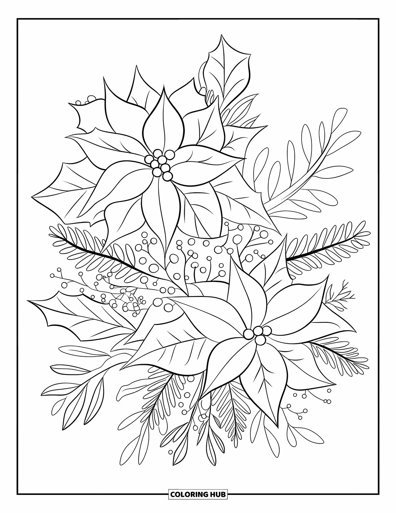 Winter Coloring Page for Kids: A winter bouquet filled with poinsettias, holly leaves, pinecones, and delicate frost-kissed flowers