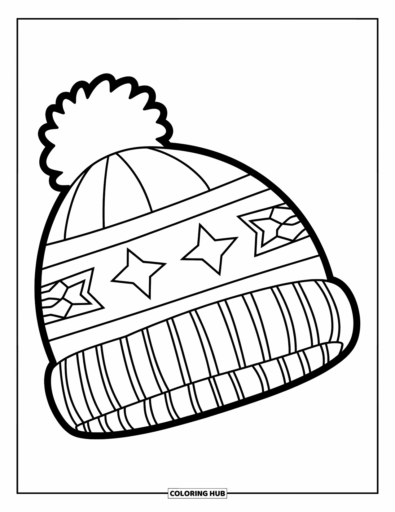 Winter Coloring Page for Kids: A winter hat with a fluffy pom-pom, decorated with stars and stripes on a snowy background