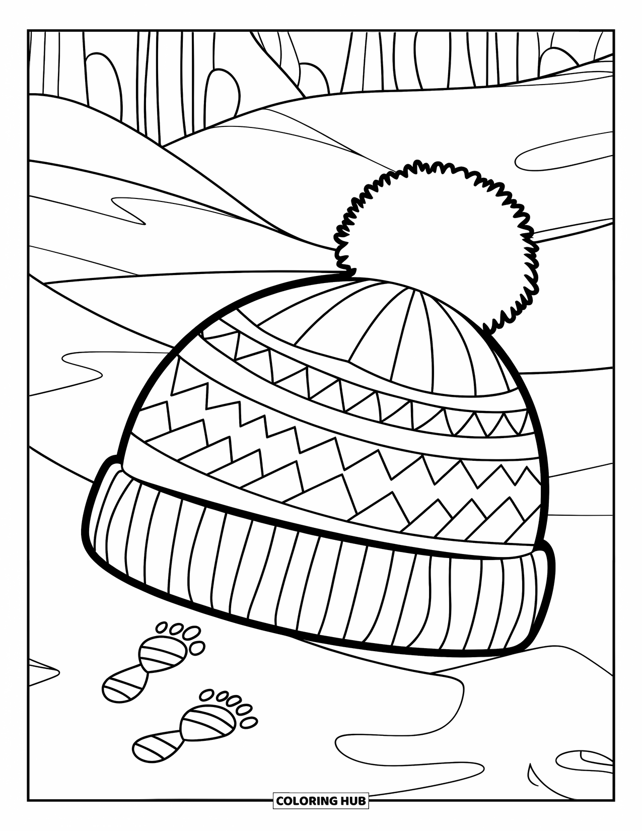 Winter Coloring Page for Kids: A winter hat with a fluffy pom-pom, resting on snowy terrain with footprints leading to it