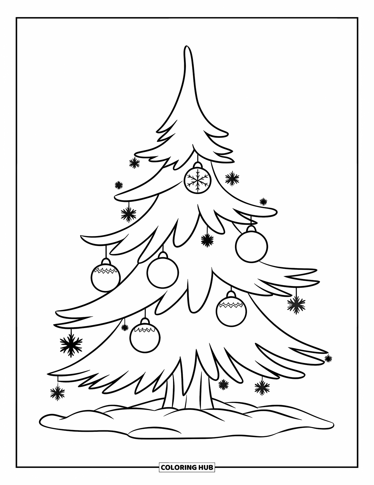 Winter Coloring Page for Kids: A winter tree with hanging ornaments and a small pile of snow at its base