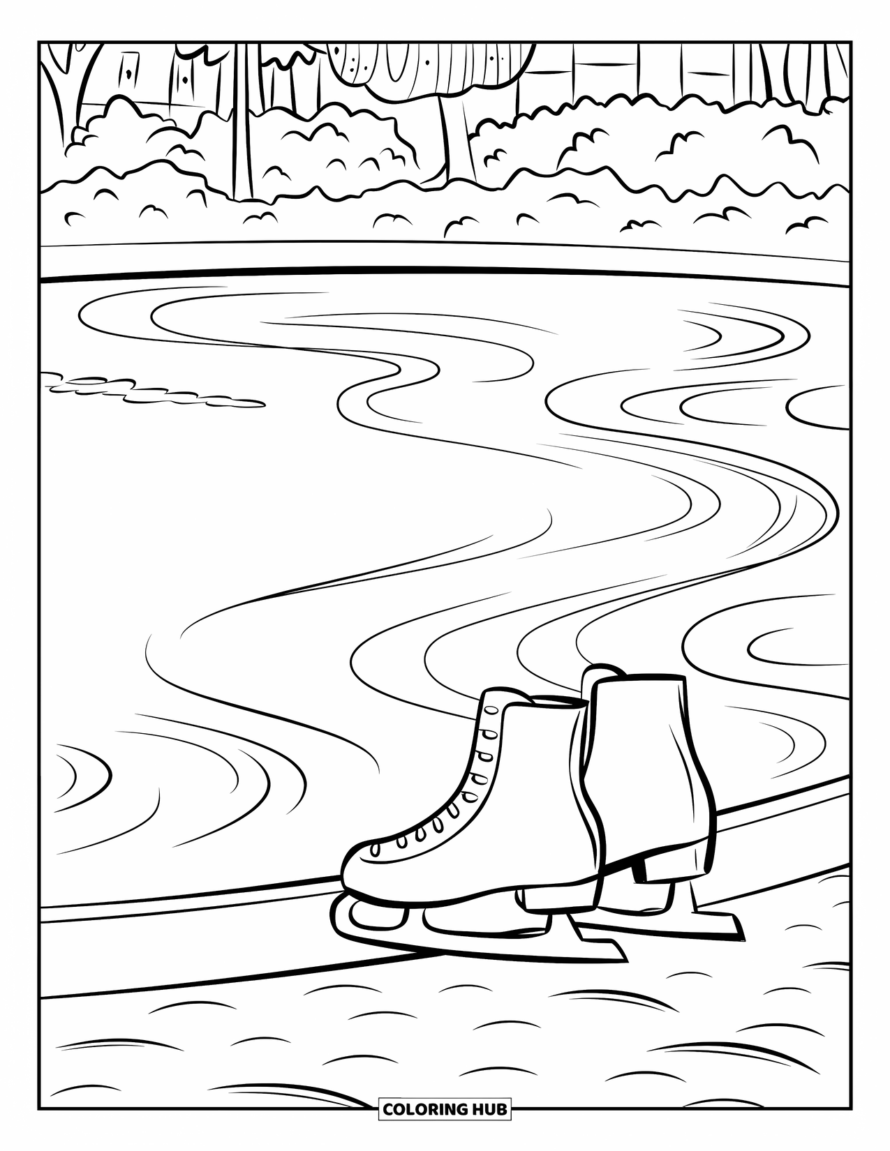 Winter Coloring Page for Kids: A wintery frozen pond with gentle ripples, framed by trees and buildings in the background
