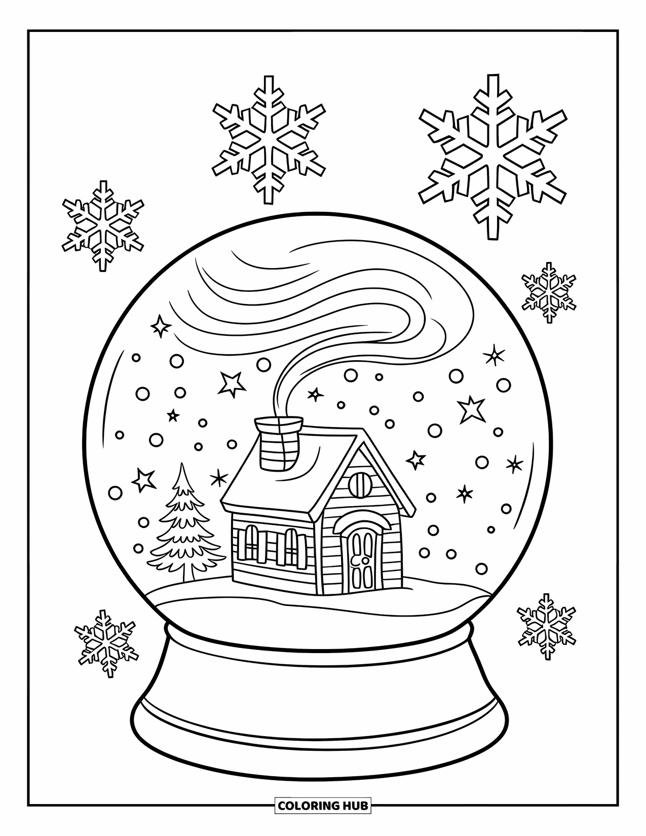 Winter Coloring Page for Kids: A wintery snow globe featuring a house with smoke curling from the chimney and swirling snow
