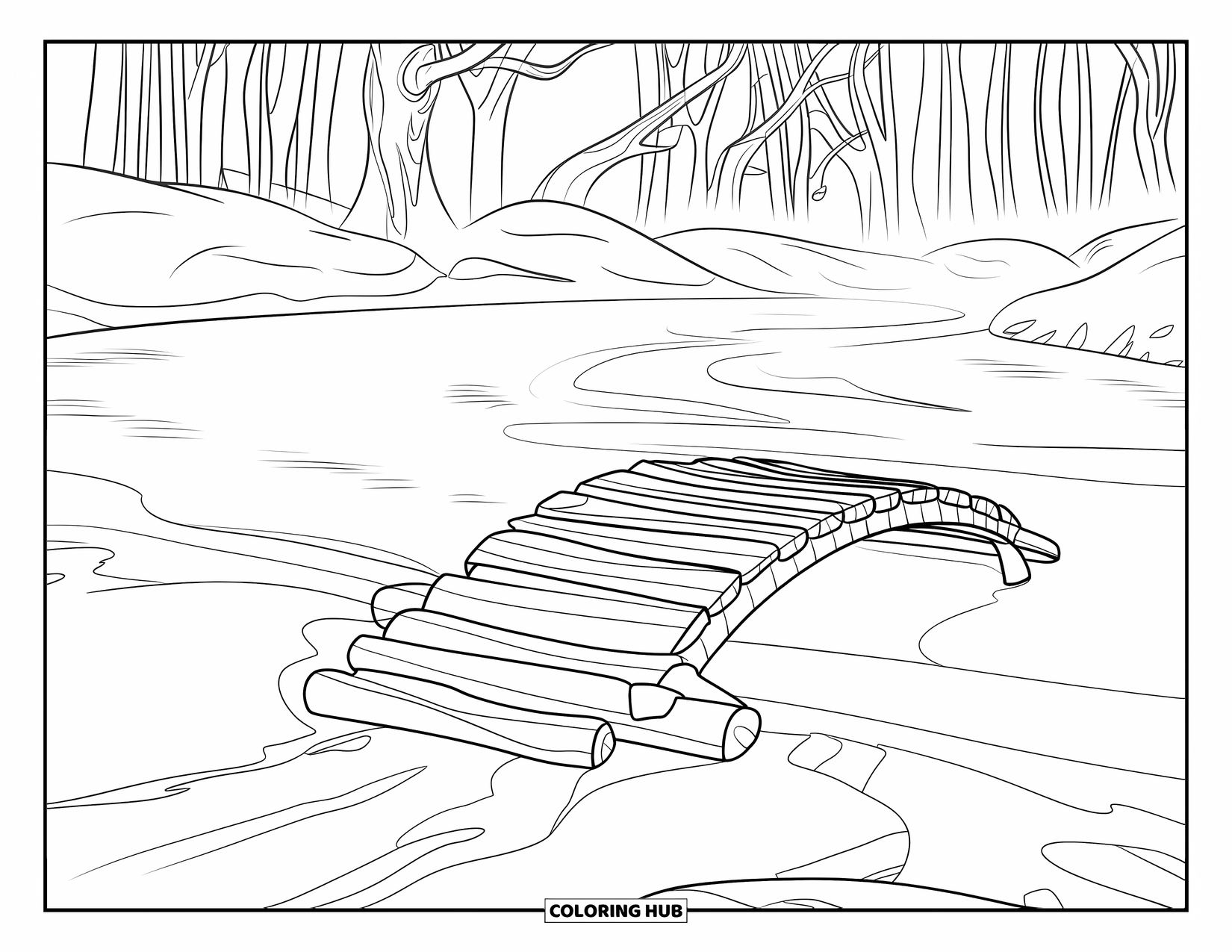Winter Coloring Page for Kids: A wooden bridge over a frozen river, with mist rising in the cold winter air