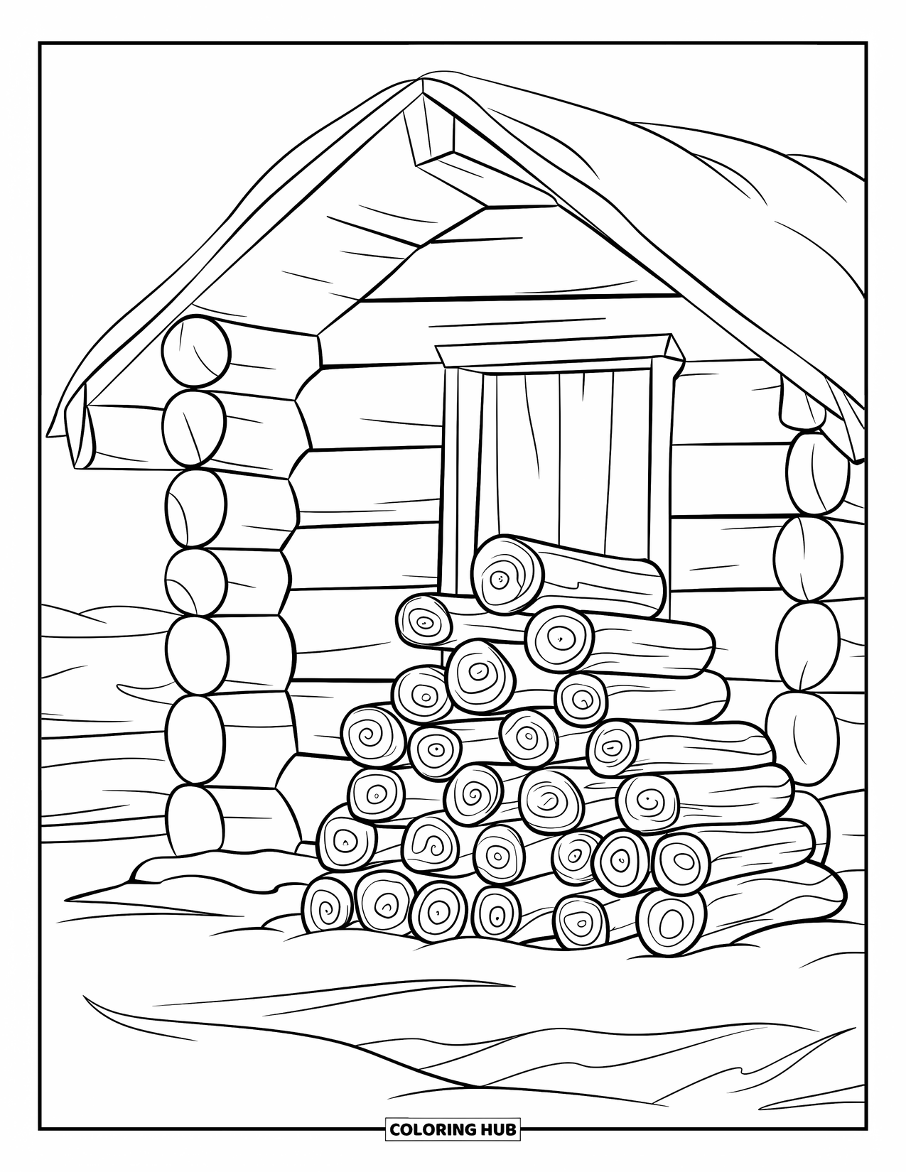 Winter Coloring Page for Kids: A wooden cabin with a slanted roof, logs piled beside it, and snow blanketing the ground