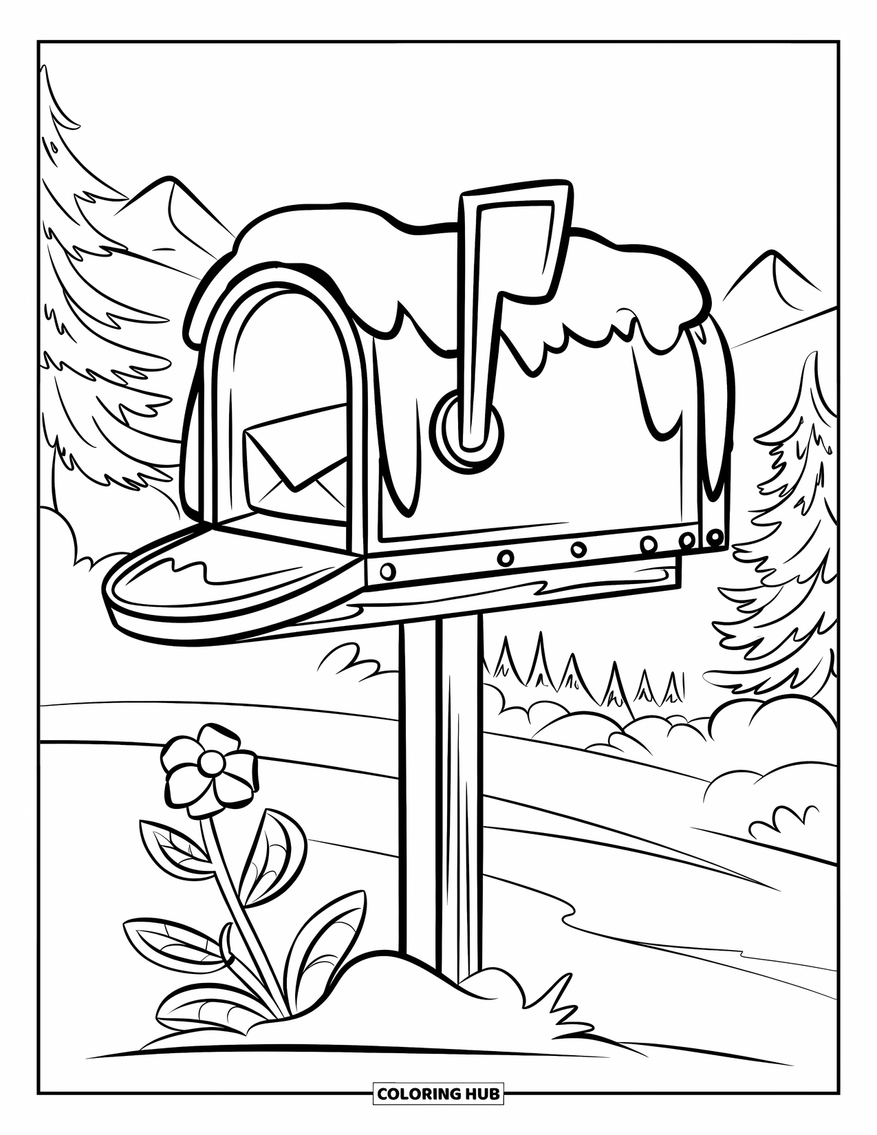 Winter Coloring Page for Kids: A wooden-post mailbox dusted with snow, holding a letter with a winter flower beside it