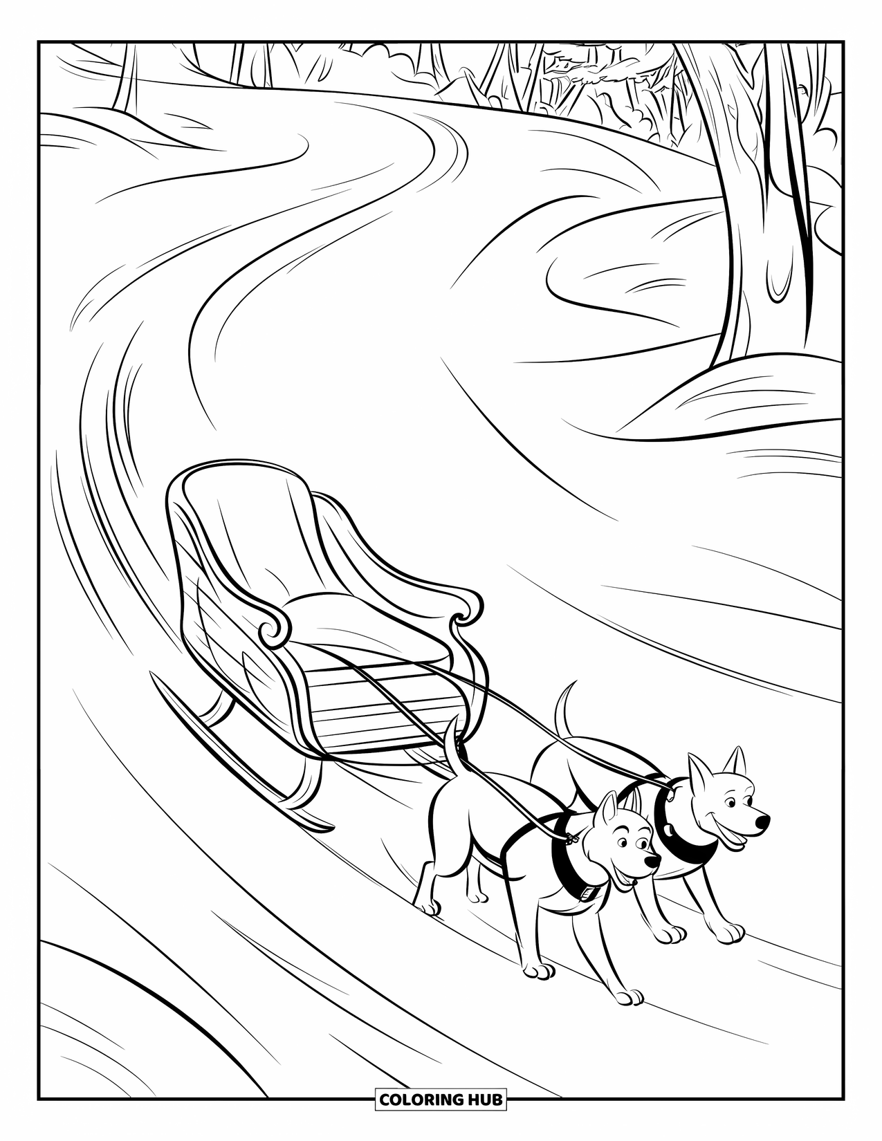 Winter Coloring Page for Kids: A wooden sleigh gliding down a snowy hill, pulled by two energetic dogs through a winter landscape