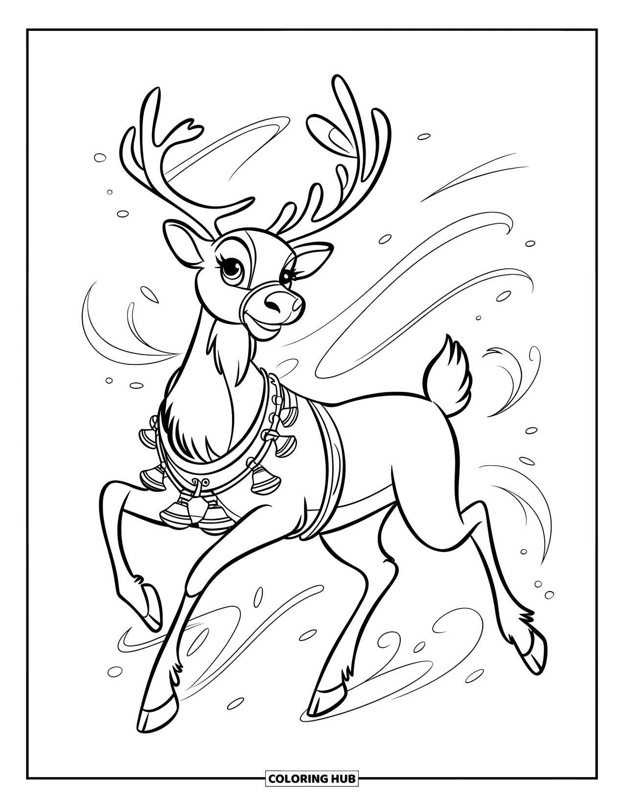 Winter Coloring Page for Kids: An elegant reindeer in mid-stride, wearing a decorative harness with bells, surrounded by swirling wind patterns