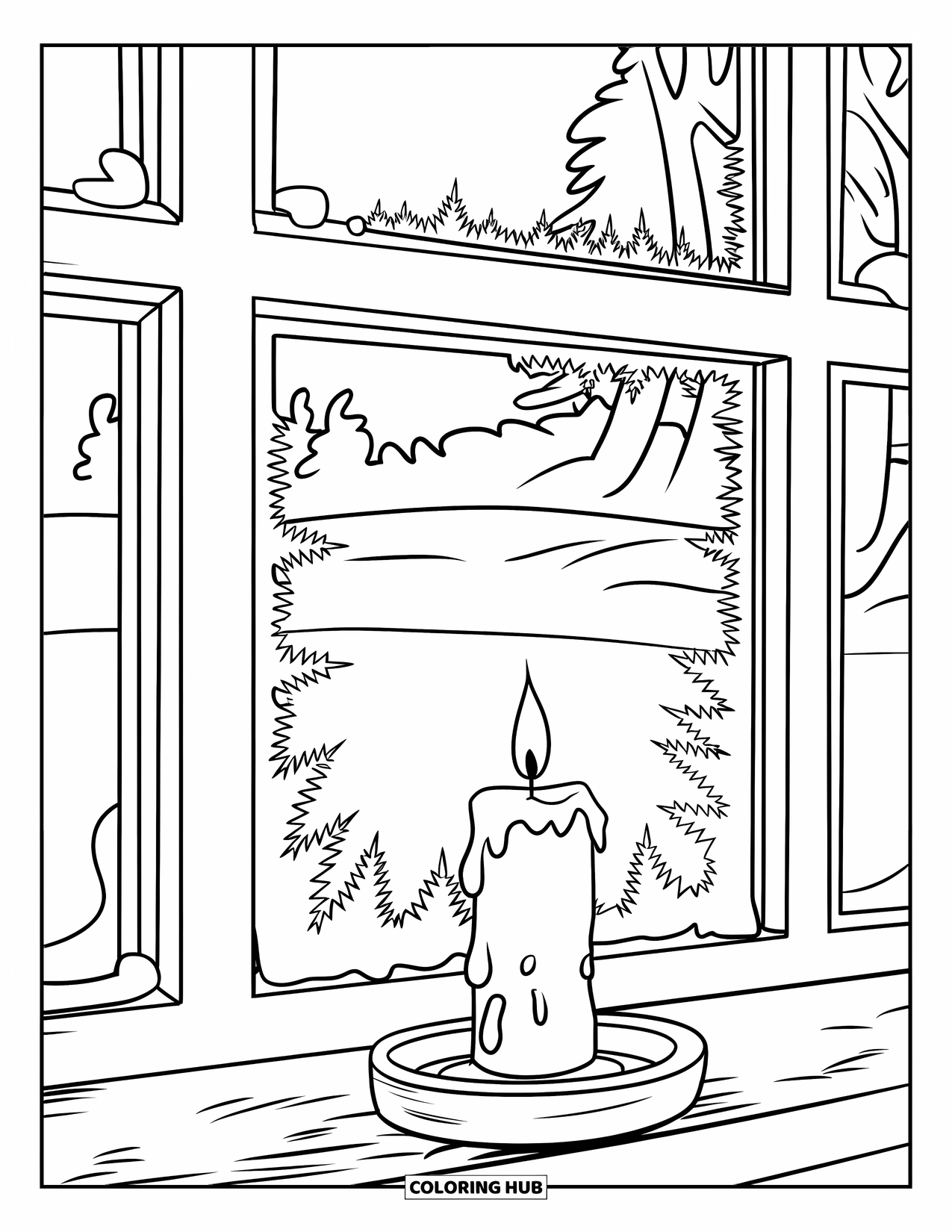 Winter Coloring Page for Kids: An intricate frost design on a window, with a glowing candle and a snowy landscape beyond