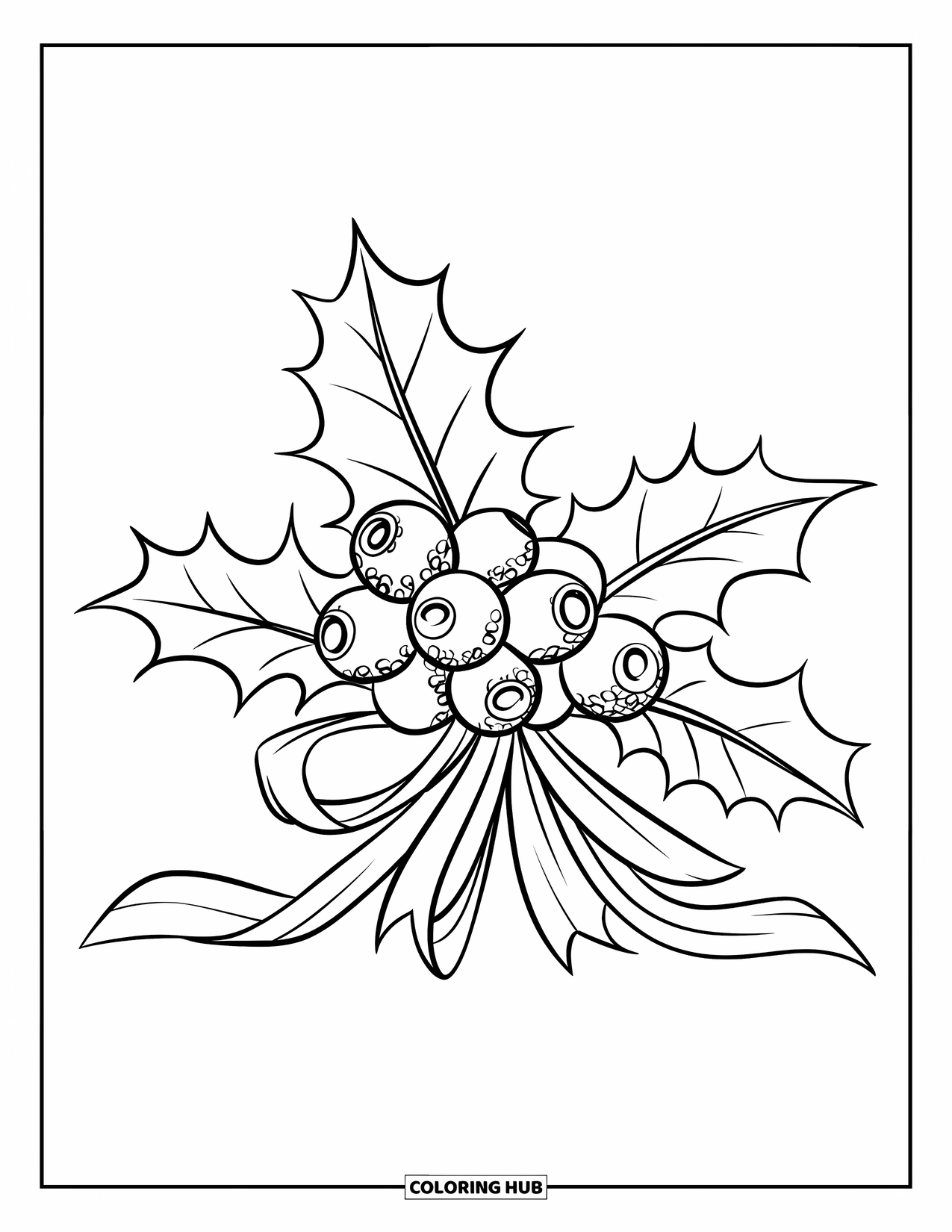 Winter Coloring Page for Kids: Festive holly leaves and berries wrapped in a delicate ribbon, with a touch of snow