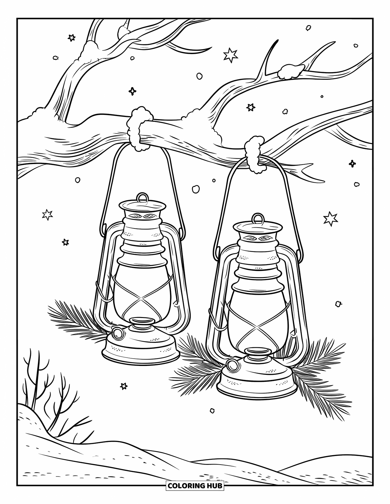 Winter Coloring Page for Kids: Rustic lanterns with intricate details hanging from a bare, snow-covered branch beneath a starry sky