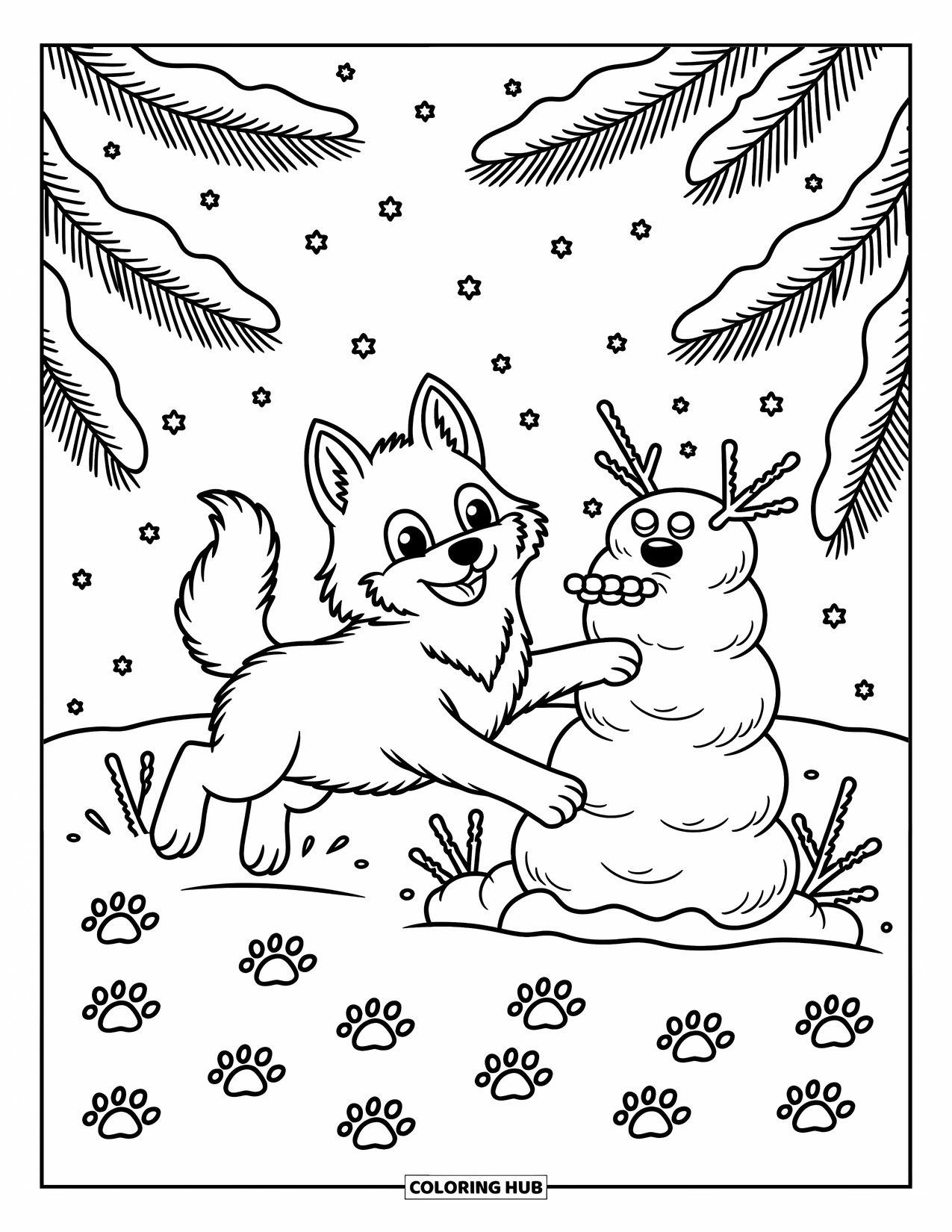 Wolf Coloring Page for Adults: A joyful wolf builds a snow-wolf with twigs and pebbles in the snow
