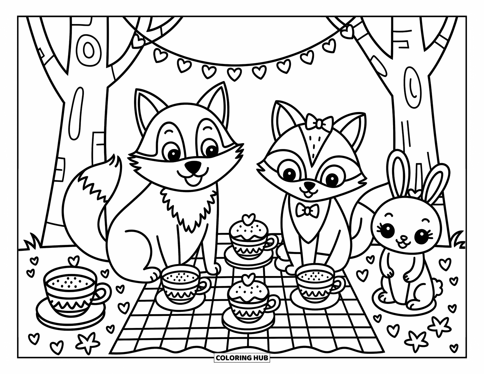 Wolf Coloring Page for Adults: A wolf, fox, and bunny enjoy a tea party in the woods