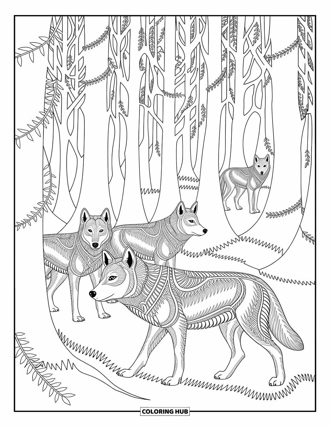 Wolf Coloring Page for Adults: A wolf pack in a dense forest with intricate patterns and tall trees