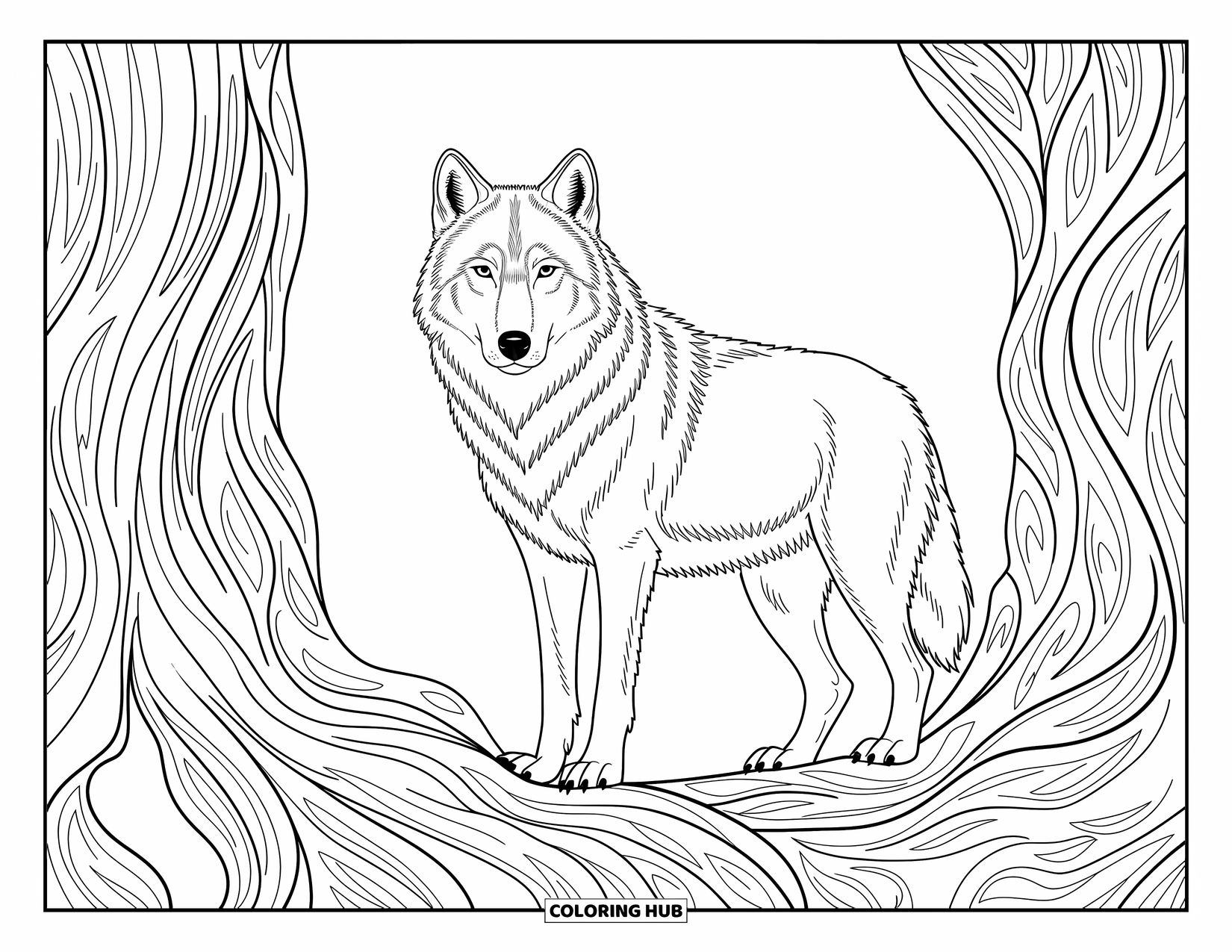 Wolf Coloring Page for Adults: A wolf standing between ancient trees with detailed roots and patterns