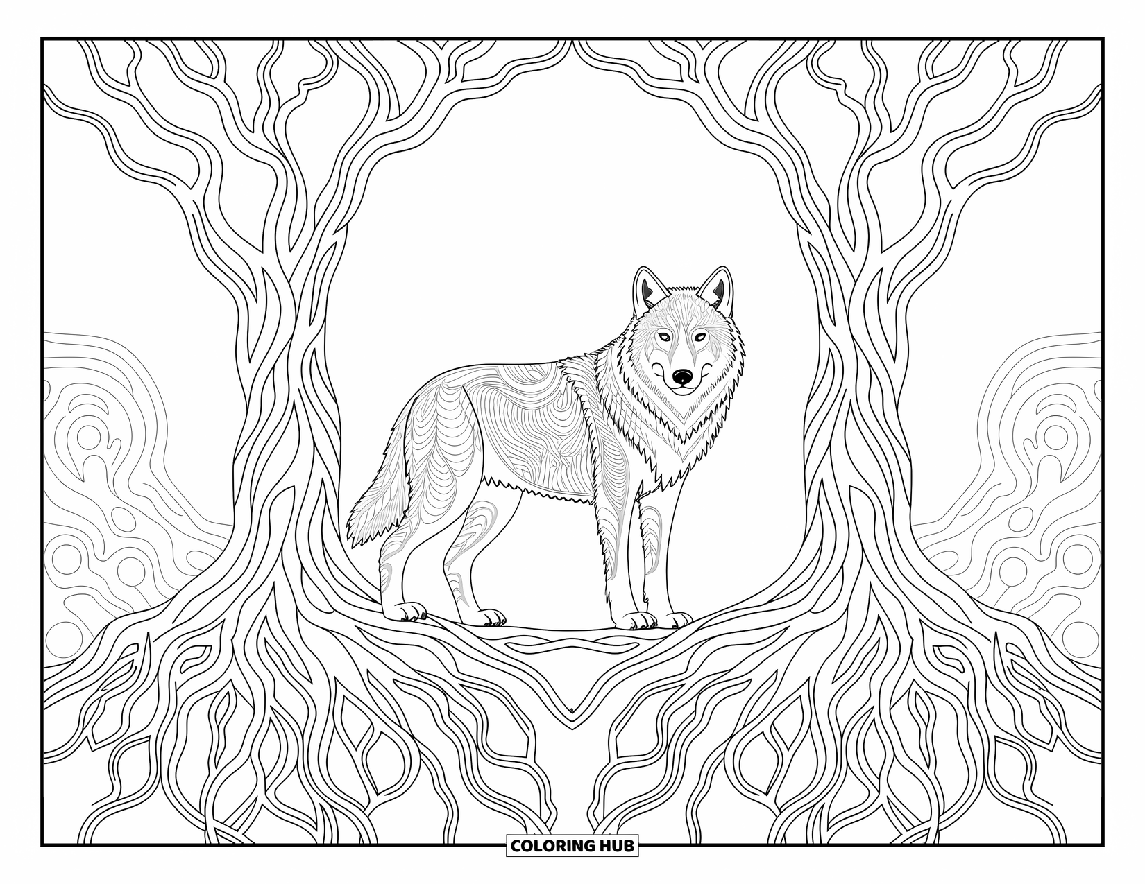 Wolf Coloring Page for Adults: A wolf standing tall between trees with swirling roots and patterns