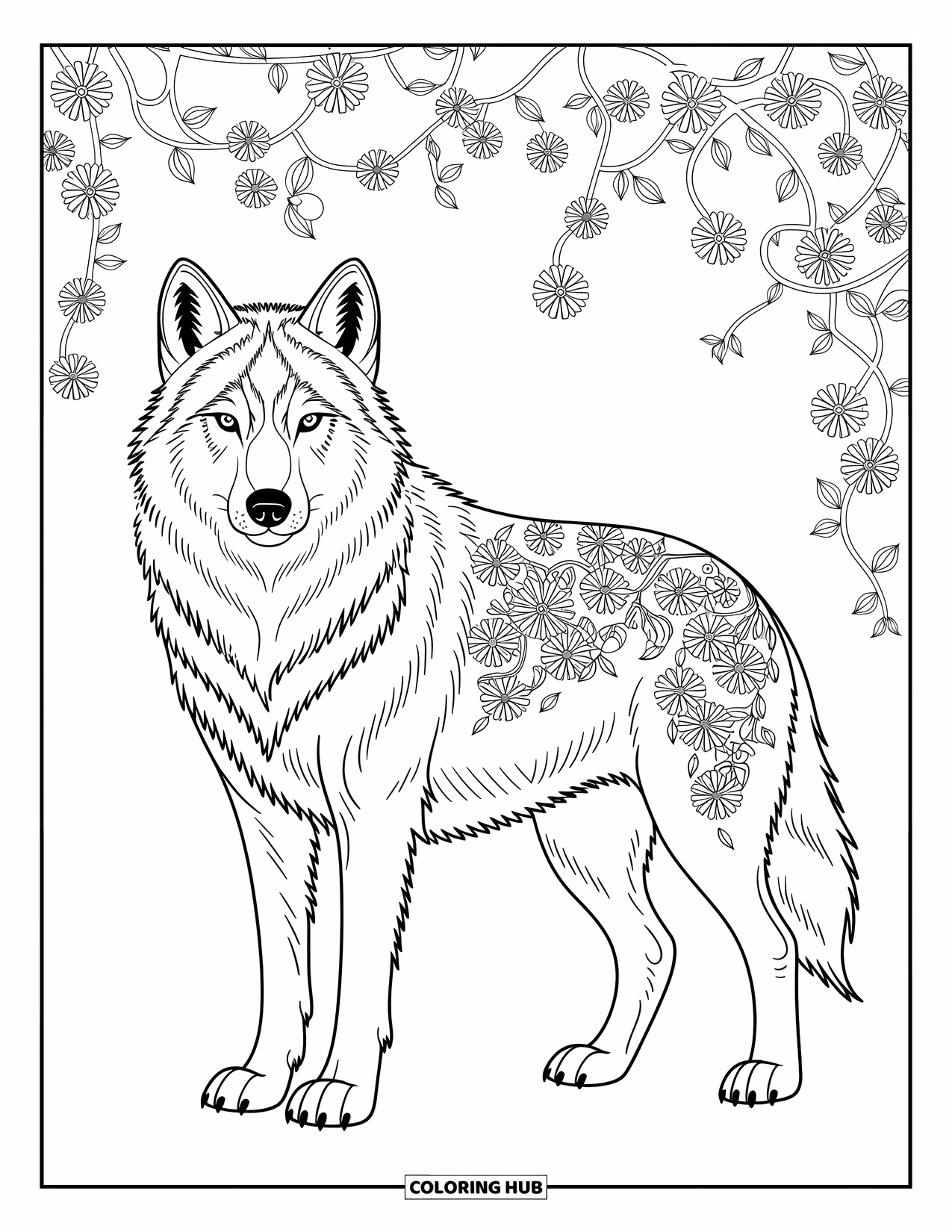 Wolf Coloring Page for Adults: A wolf with flowers woven into its fur and detailed patterns around