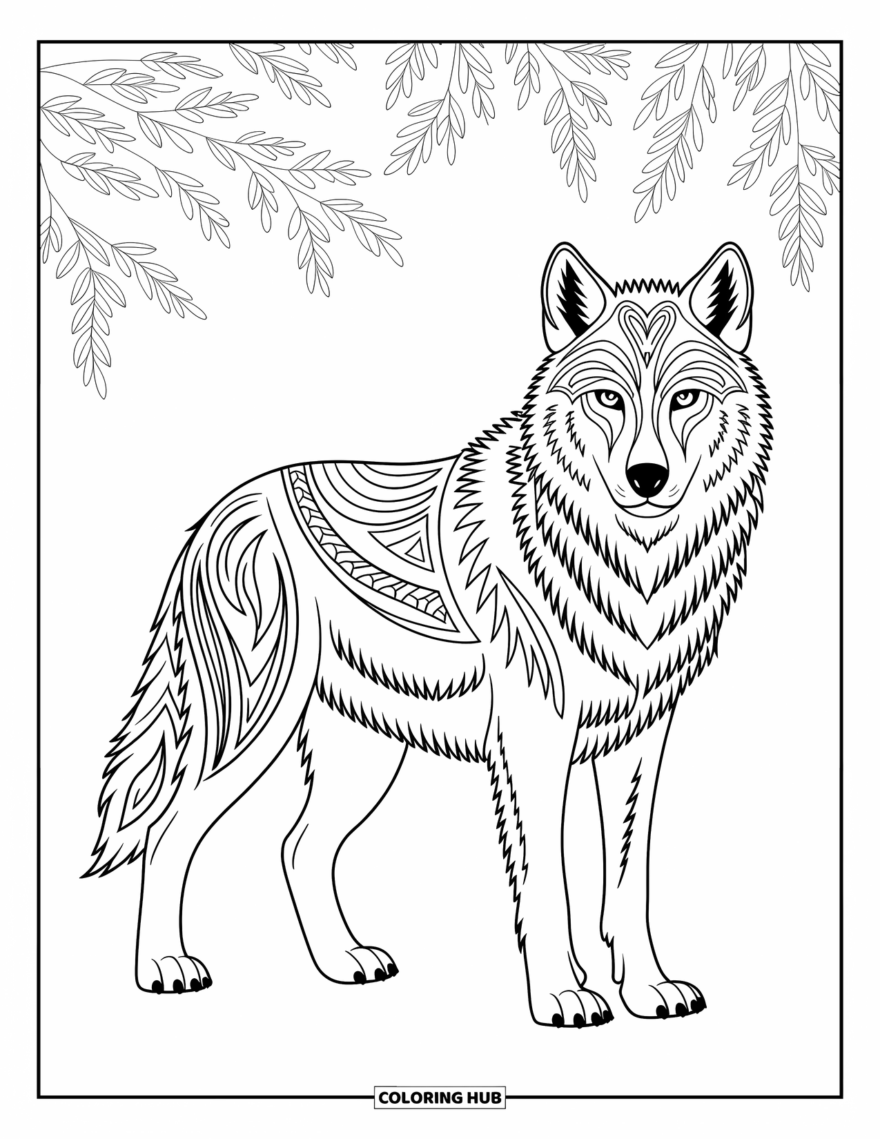 Wolf Coloring Page for Adults: A wolf with tribal designs standing amid detailed leaves and vines