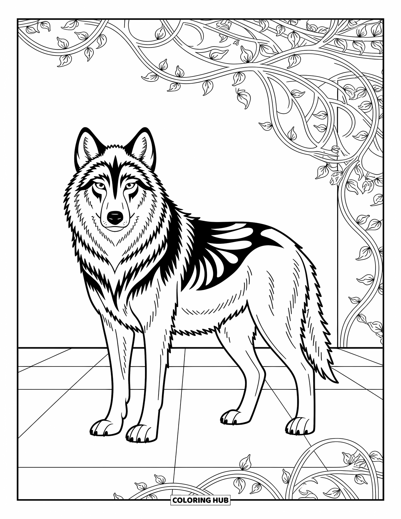 Wolf Coloring Page for Adults: A wolf with tribal markings surrounded by swirling vines and intricate patterns