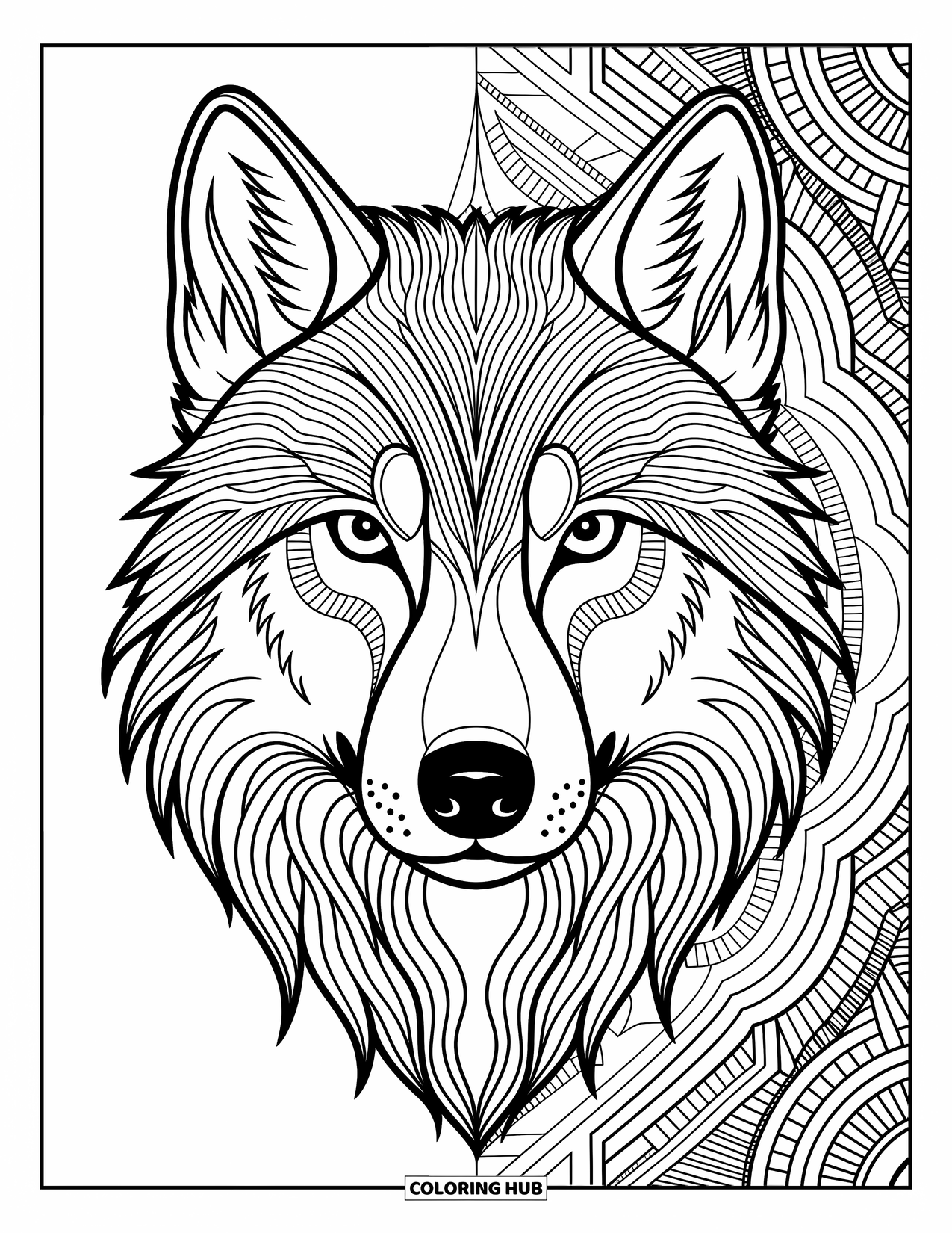 Wolf Coloring Page for Adults: A wolf's face surrounded by mandalas with intricate and detailed designs