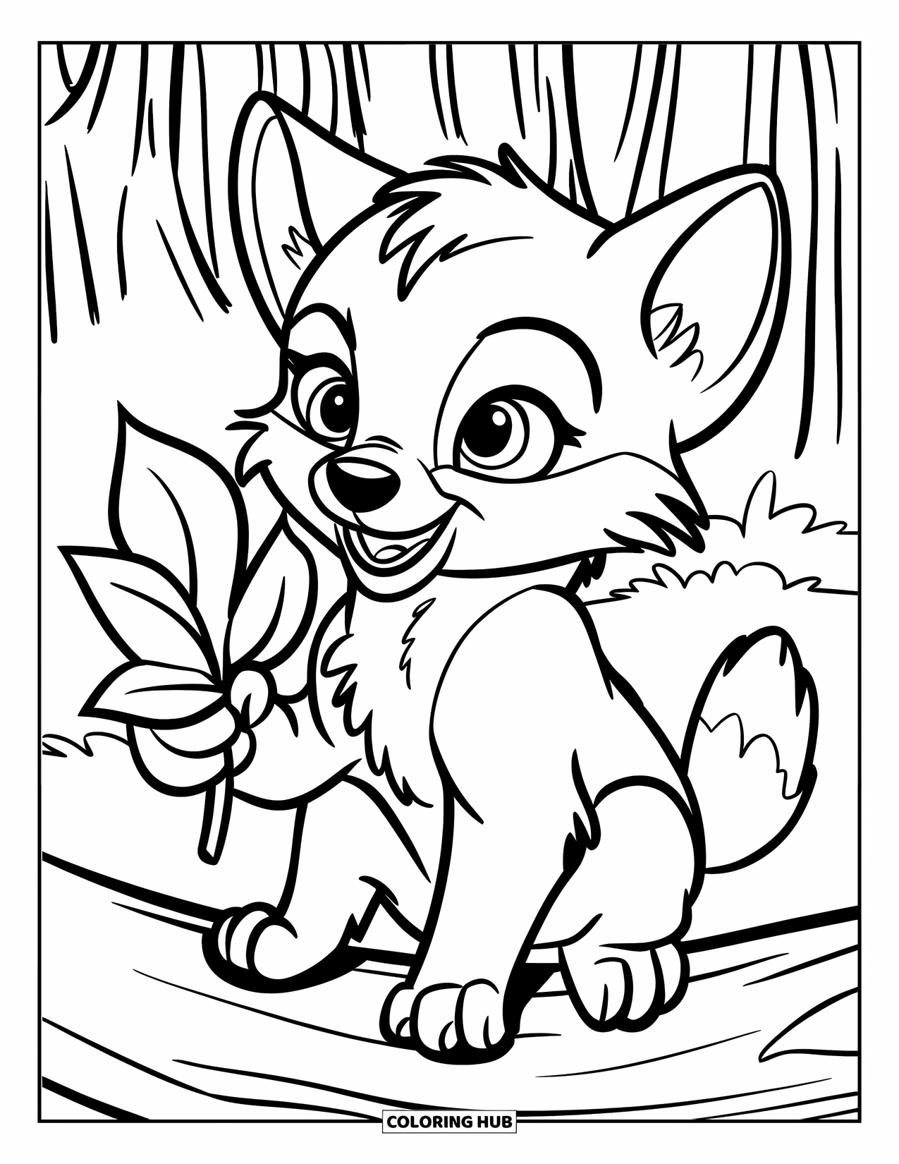 Wolf Coloring Page for Kids: A baby wolf holds a big leaf curiously