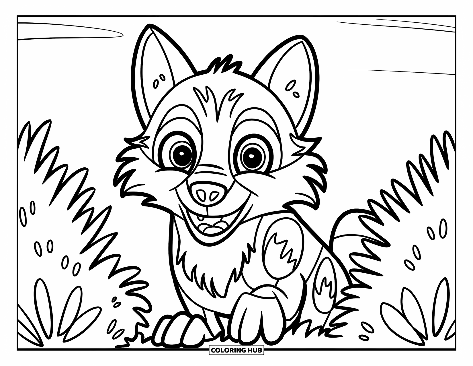 Wolf Coloring Page for Kids: A cute wolf peeks from behind a bush with big eyes