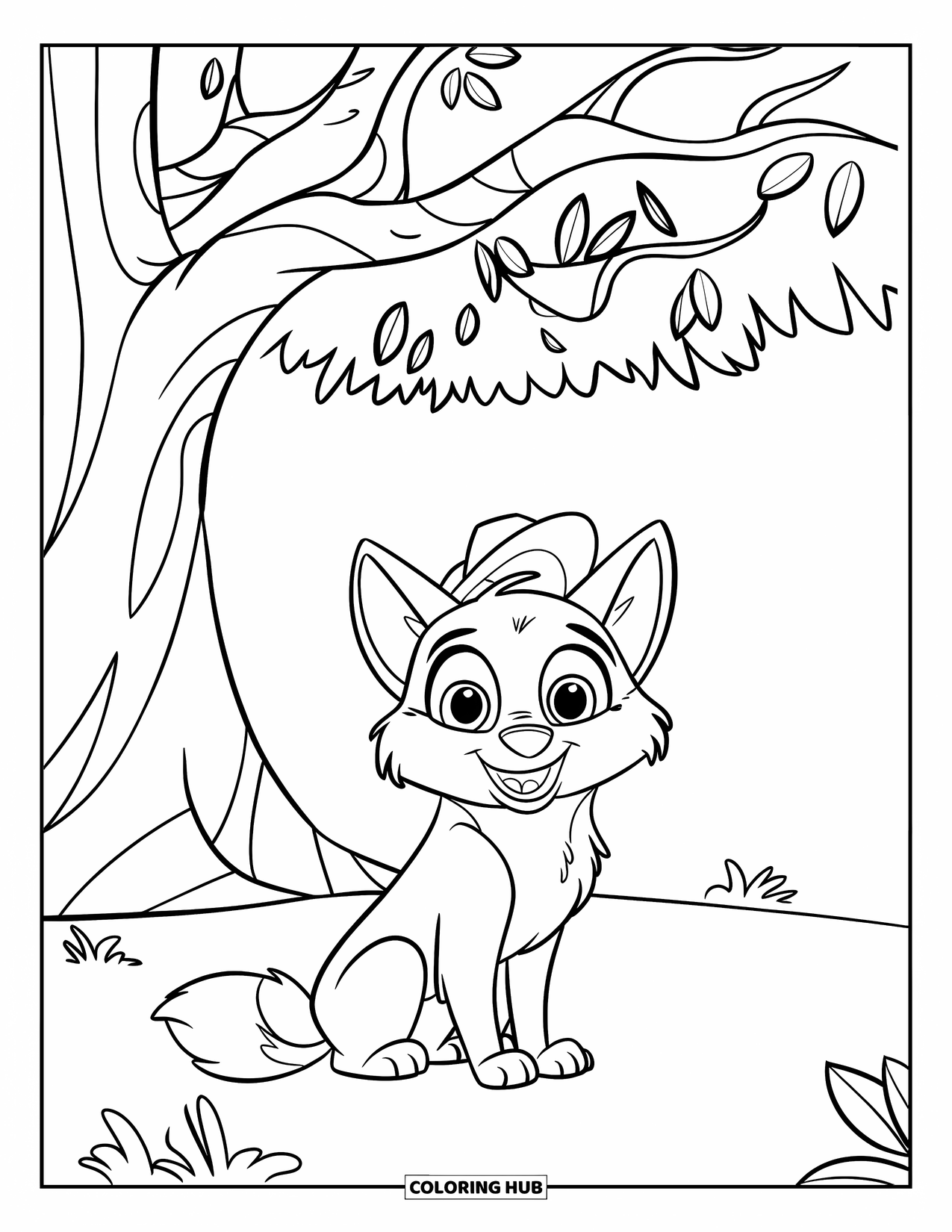 Wolf Coloring Page for Kids: A cute wolf with a friendly smile sits under a big tree
