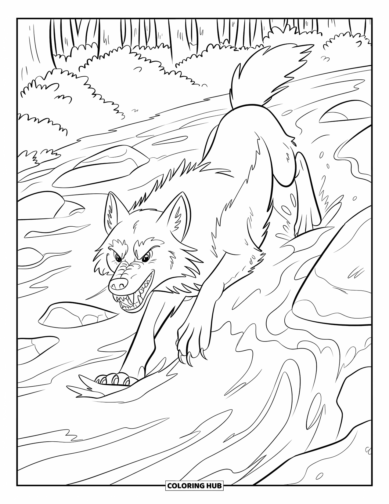 Wolf Coloring Page for Kids: A fierce wolf leaps over rocks in a rushing river