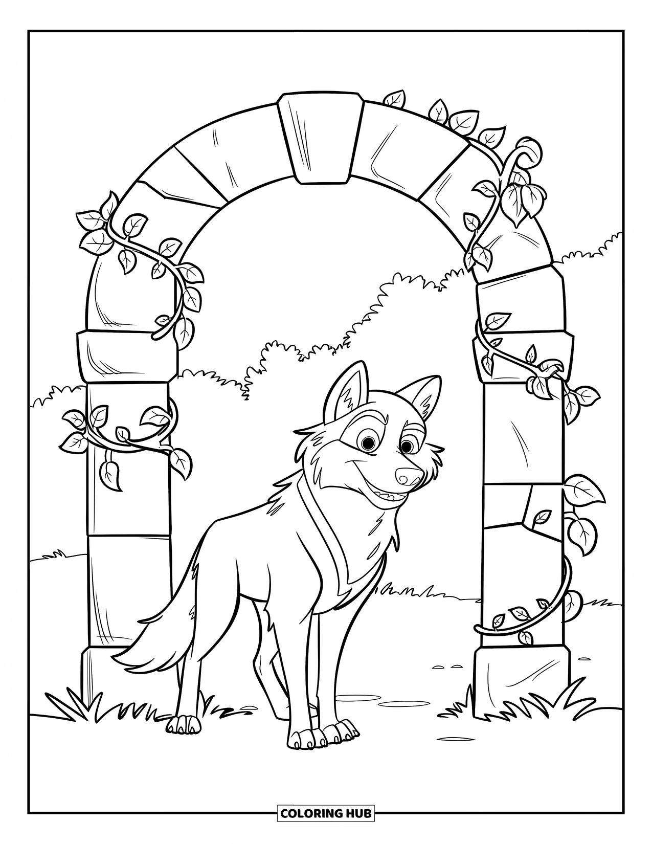 Wolf Coloring Page for Kids: A fluffy wolf with a collar stands by a vine-covered arch