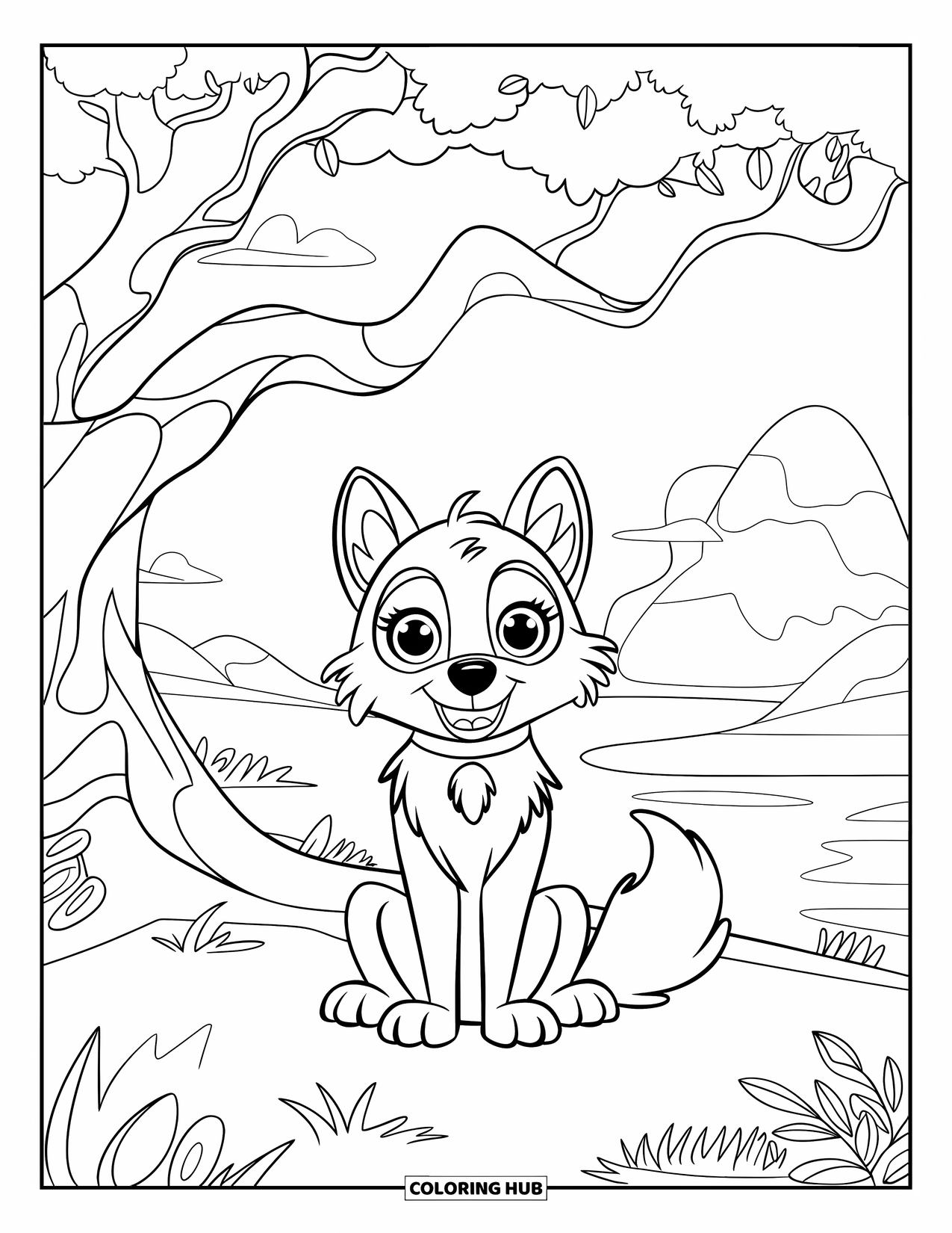Wolf Coloring Page for Kids: A friendly wolf with a collar sits under a shady tree