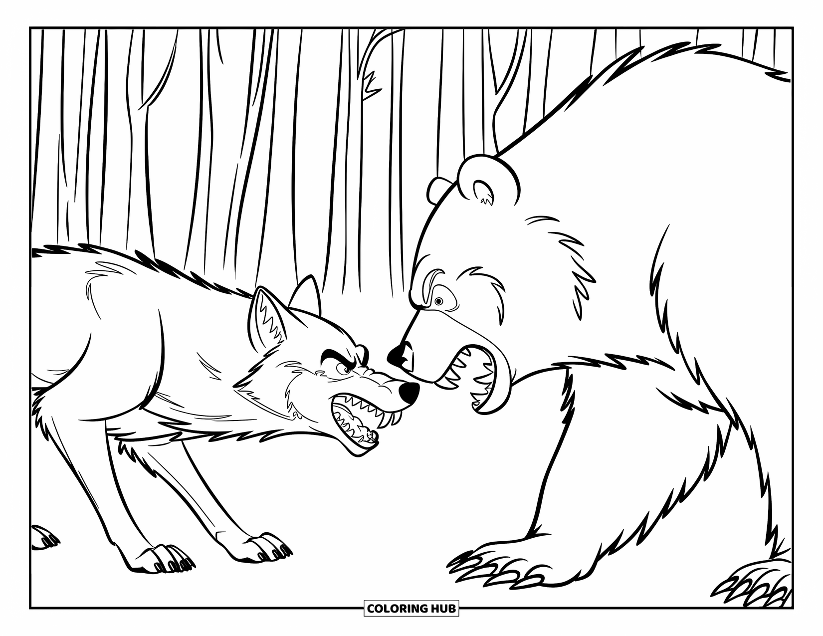 Wolf Coloring Page for Kids: A growling wolf and bear facing each other in a forest
