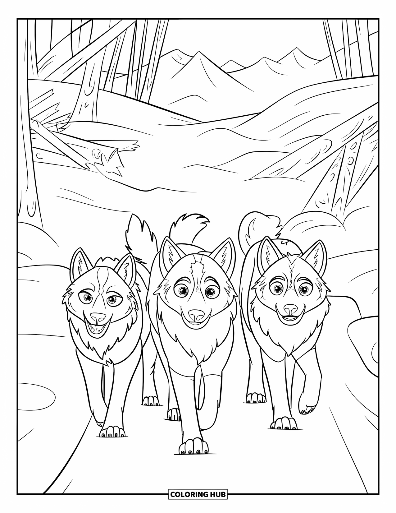 Wolf Coloring Page for Kids: A pack of wolves moves through a snowy forest with fallen trees