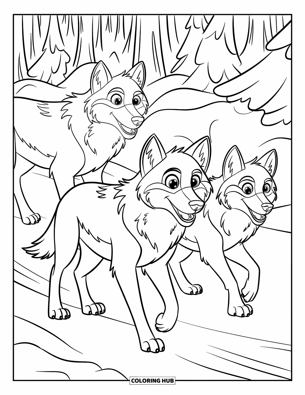 Wolf Coloring Page for Kids: A pack of wolves travels through a snowy forest path