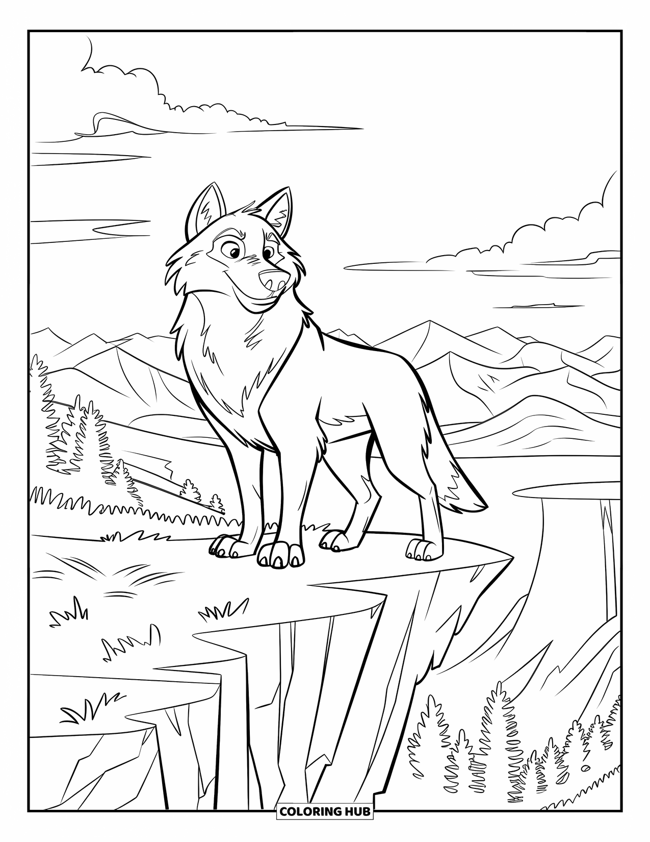 Wolf Coloring Page for Kids: A proud wolf stands on a cliff overlooking distant mountains