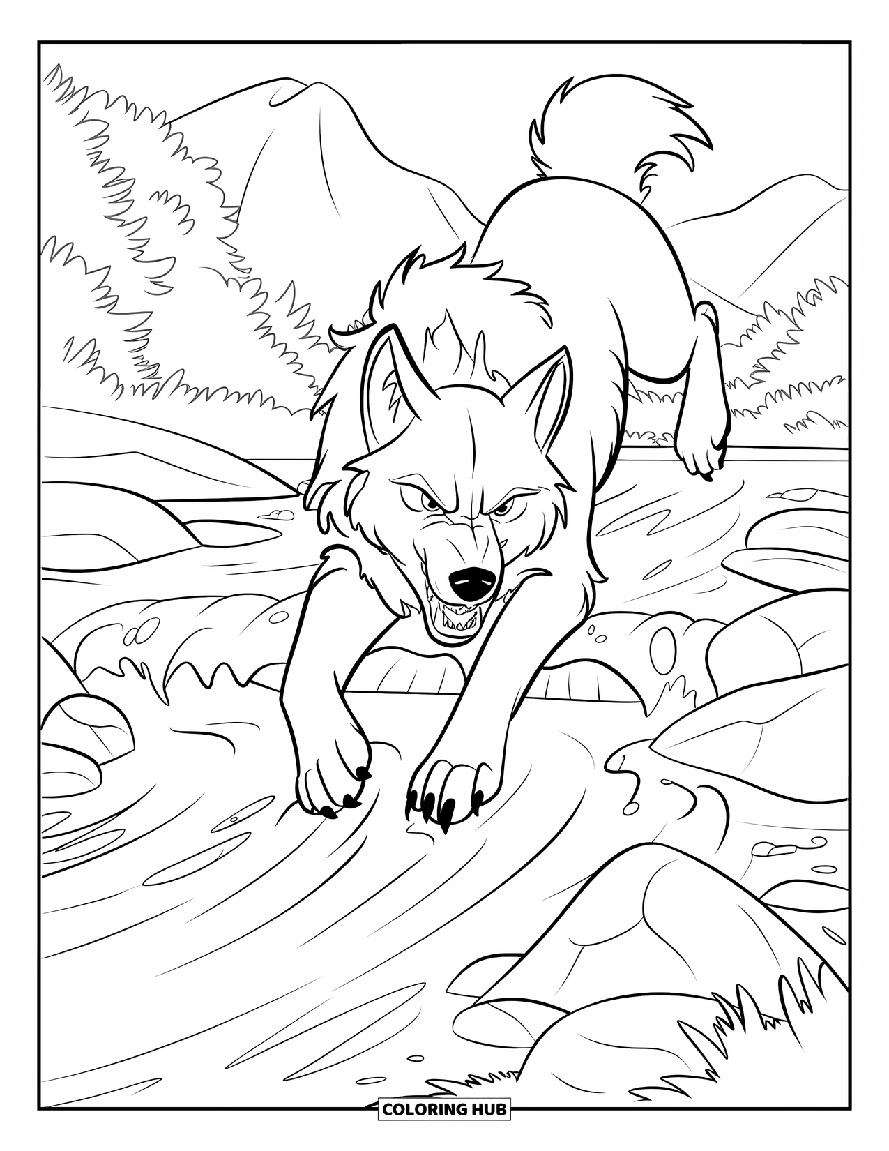 Wolf Coloring Page for Kids: A white wolf leaps over rocks in a foamy river