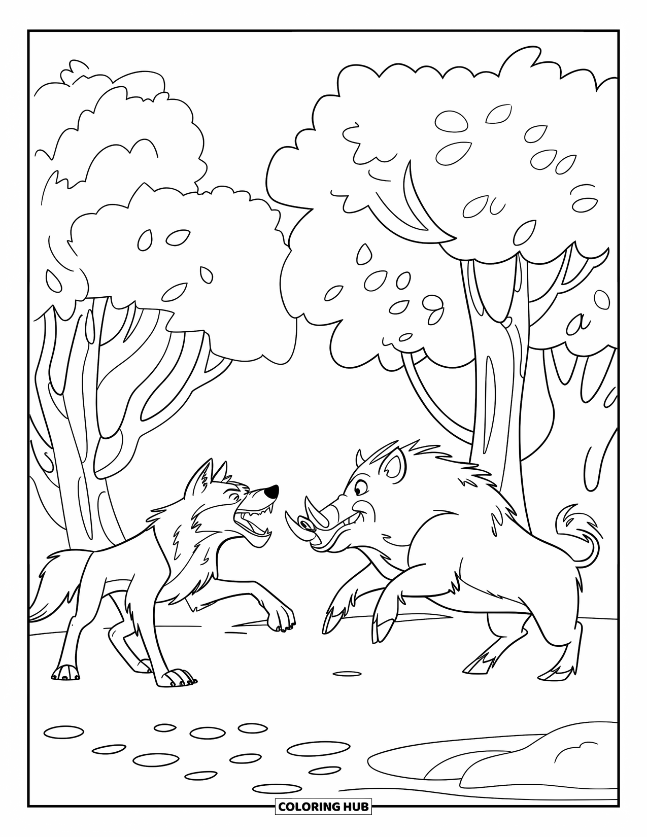 Wolf Coloring Page for Kids: A wolf and a boar in a tense standoff in the forest
