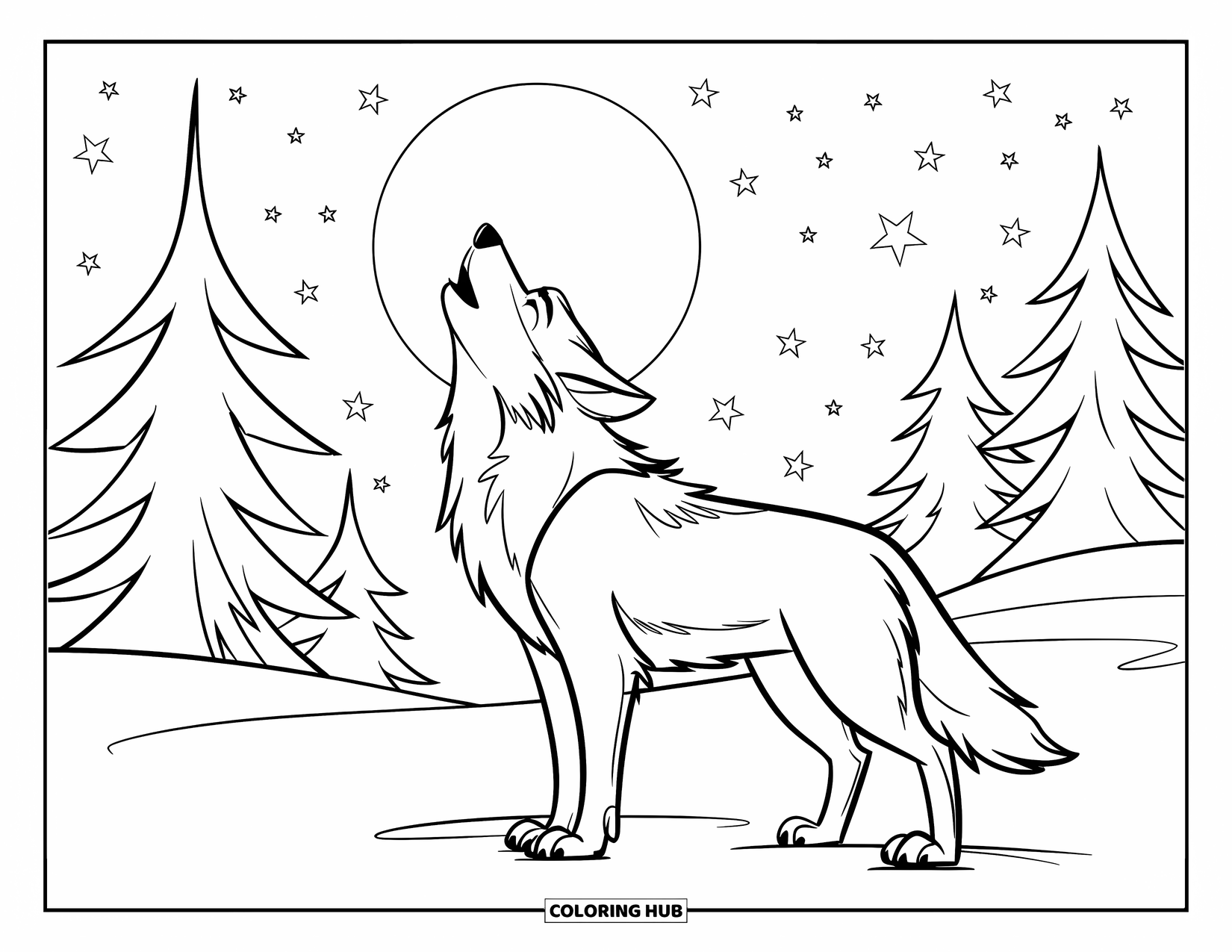 Wolf Coloring Page for Kids: A wolf howling at the moon, surrounded by tall pine trees
