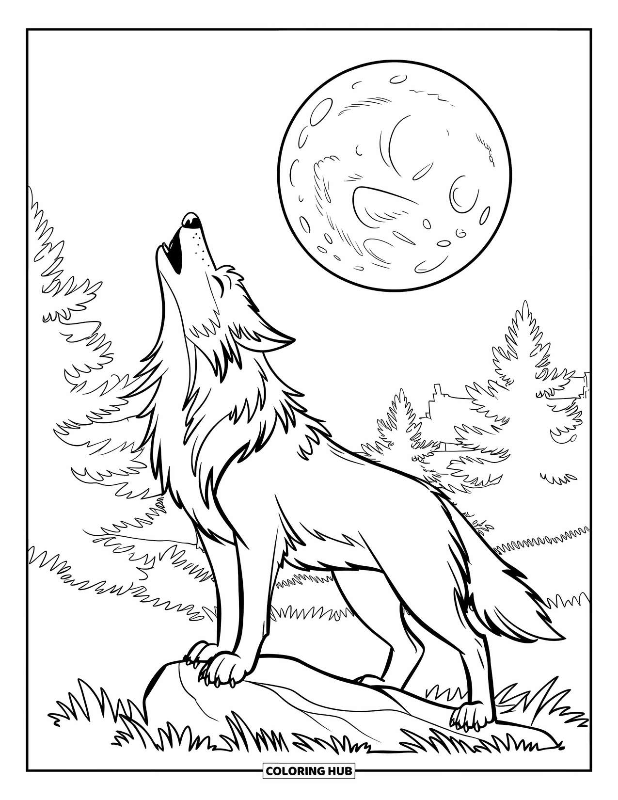 Wolf Coloring Page for Kids: A wolf howls at a full moon with pine trees nearby