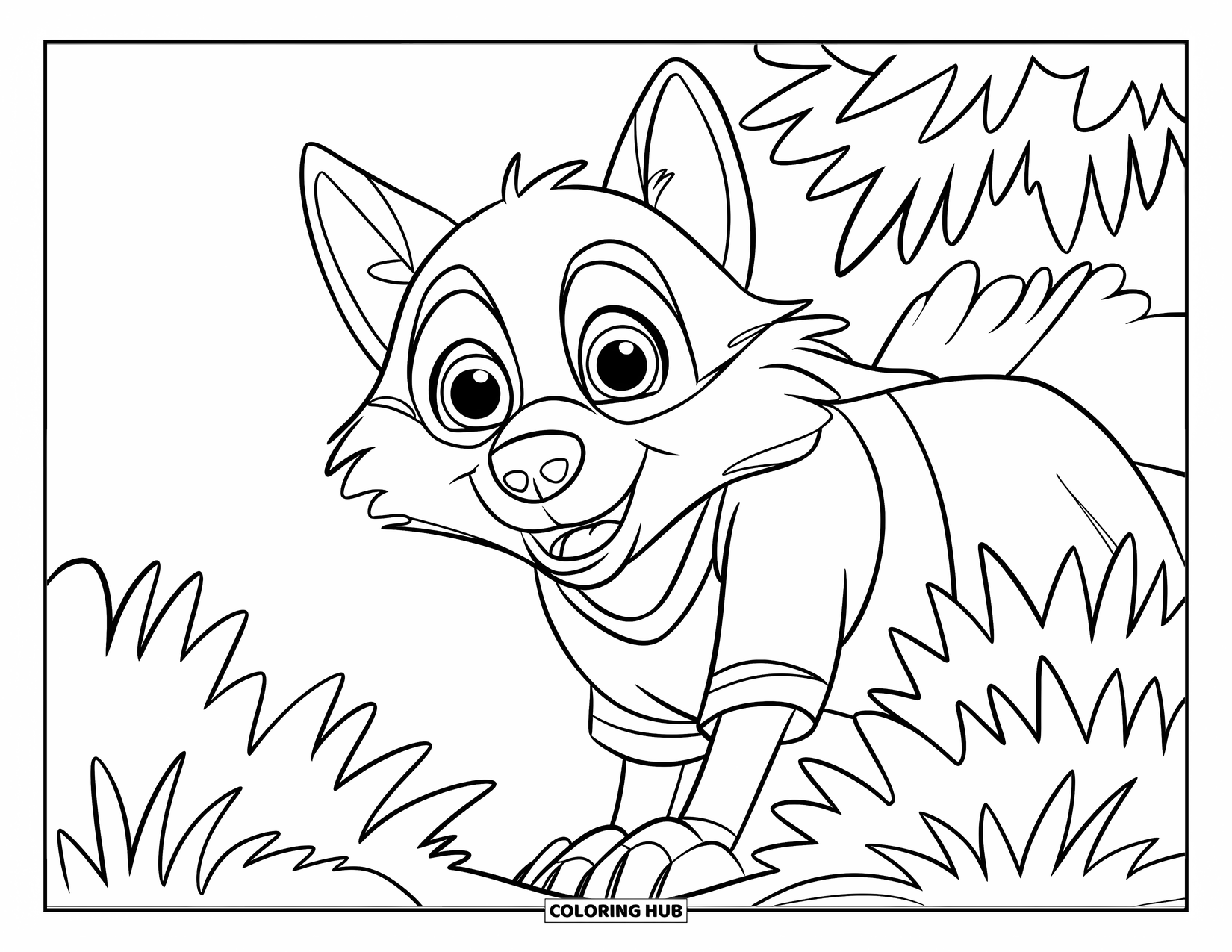 Wolf Coloring Page for Kids: A wolf in a red shirt peeks from behind a bush