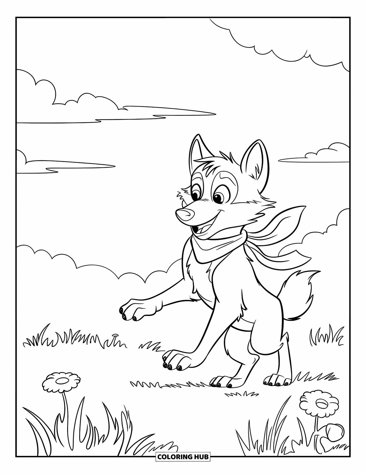 Wolf Coloring Page for Kids: A wolf in a scarf watches a butterfly in a grassy field