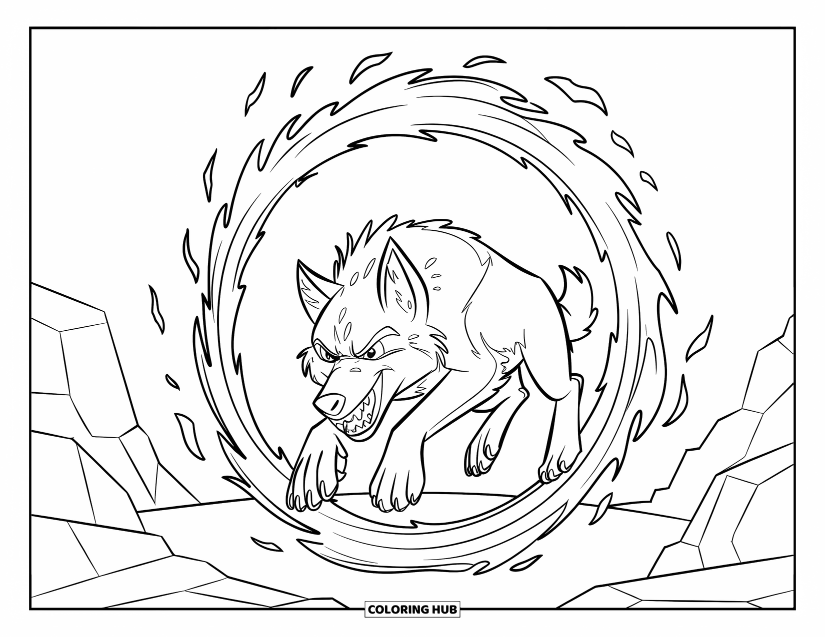 Wolf Coloring Page for Kids: A wolf jumps through flames with a fierce expression