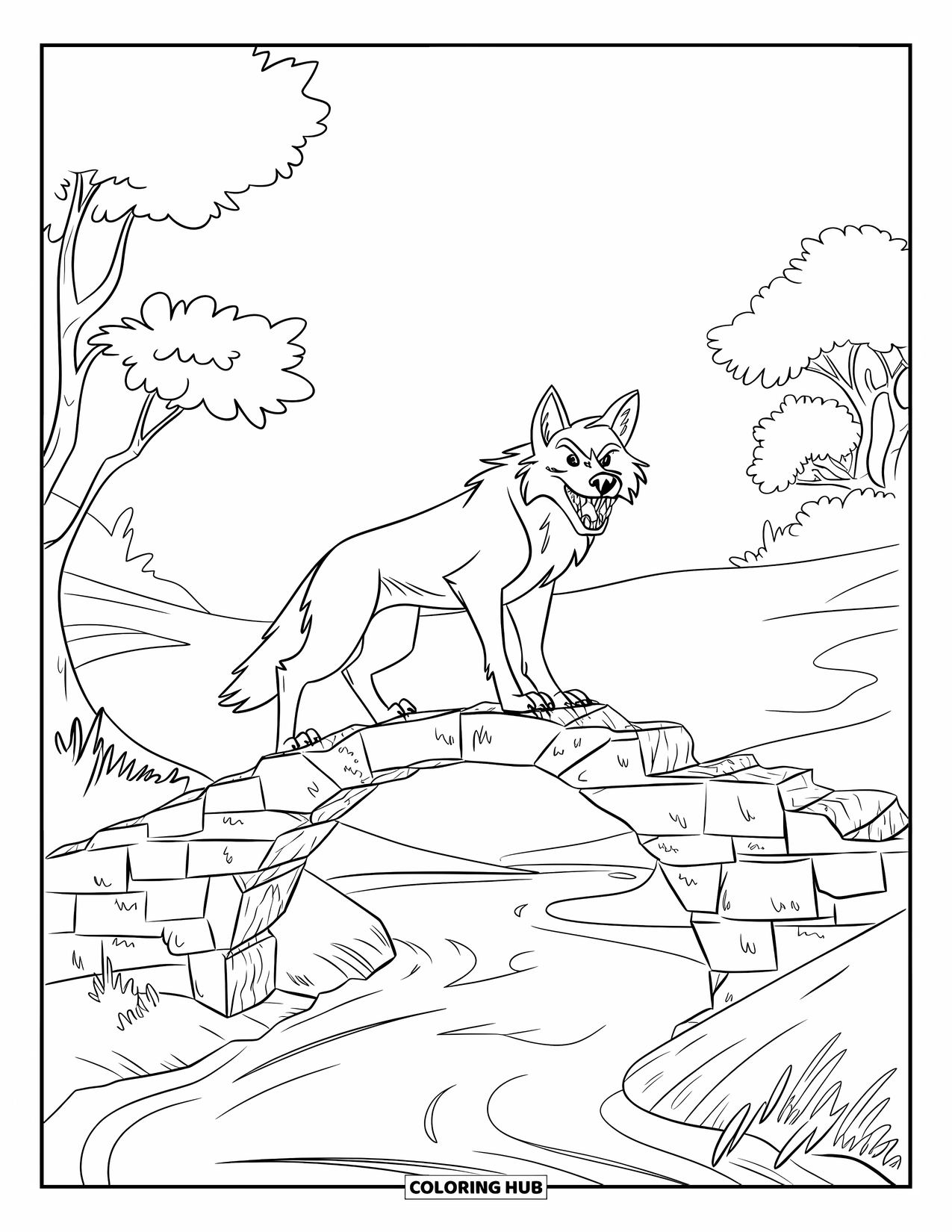 Wolf Coloring Page for Kids: A wolf on a cracked stone bridge above a flowing river