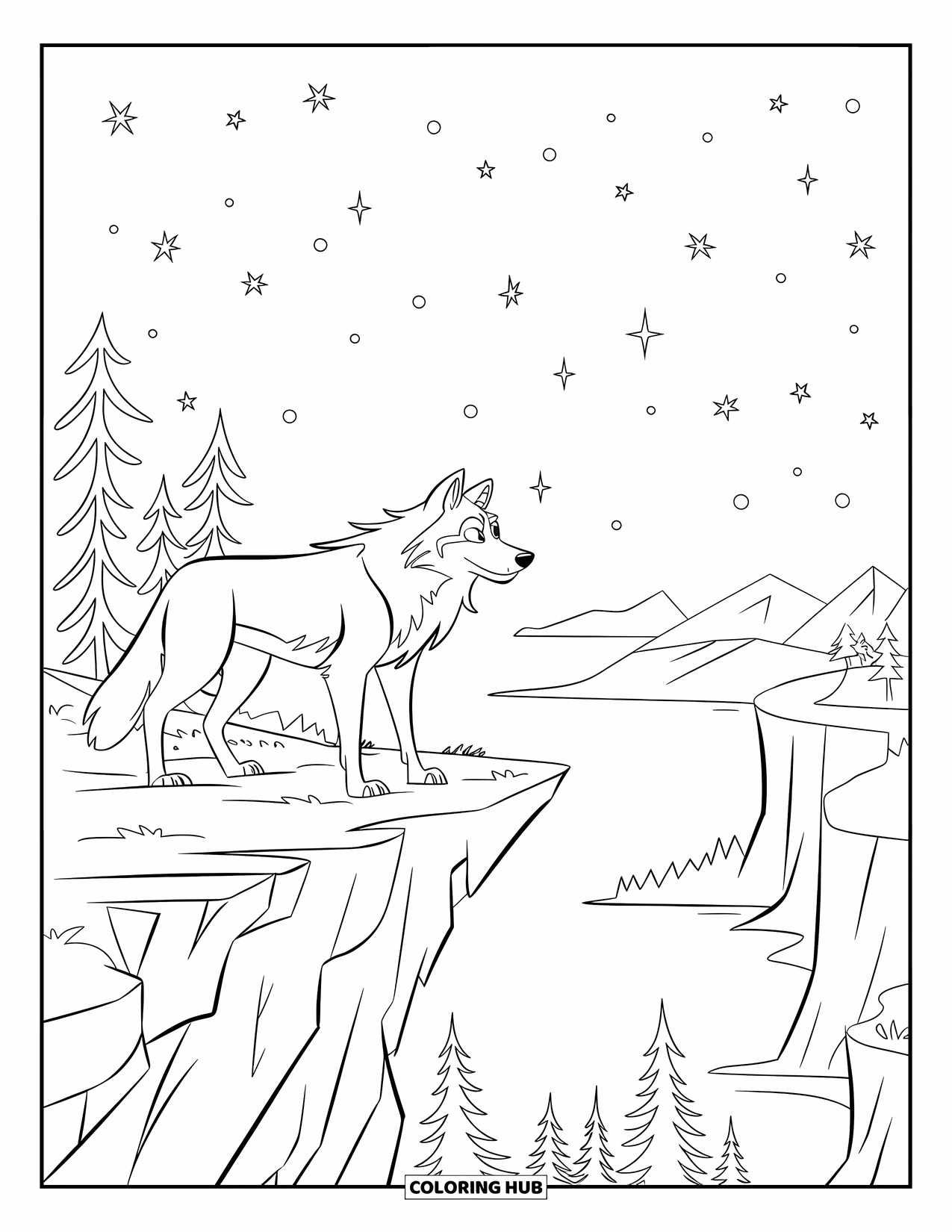 Wolf Coloring Page for Kids: A wolf on a rocky cliff watches over a starlit landscape