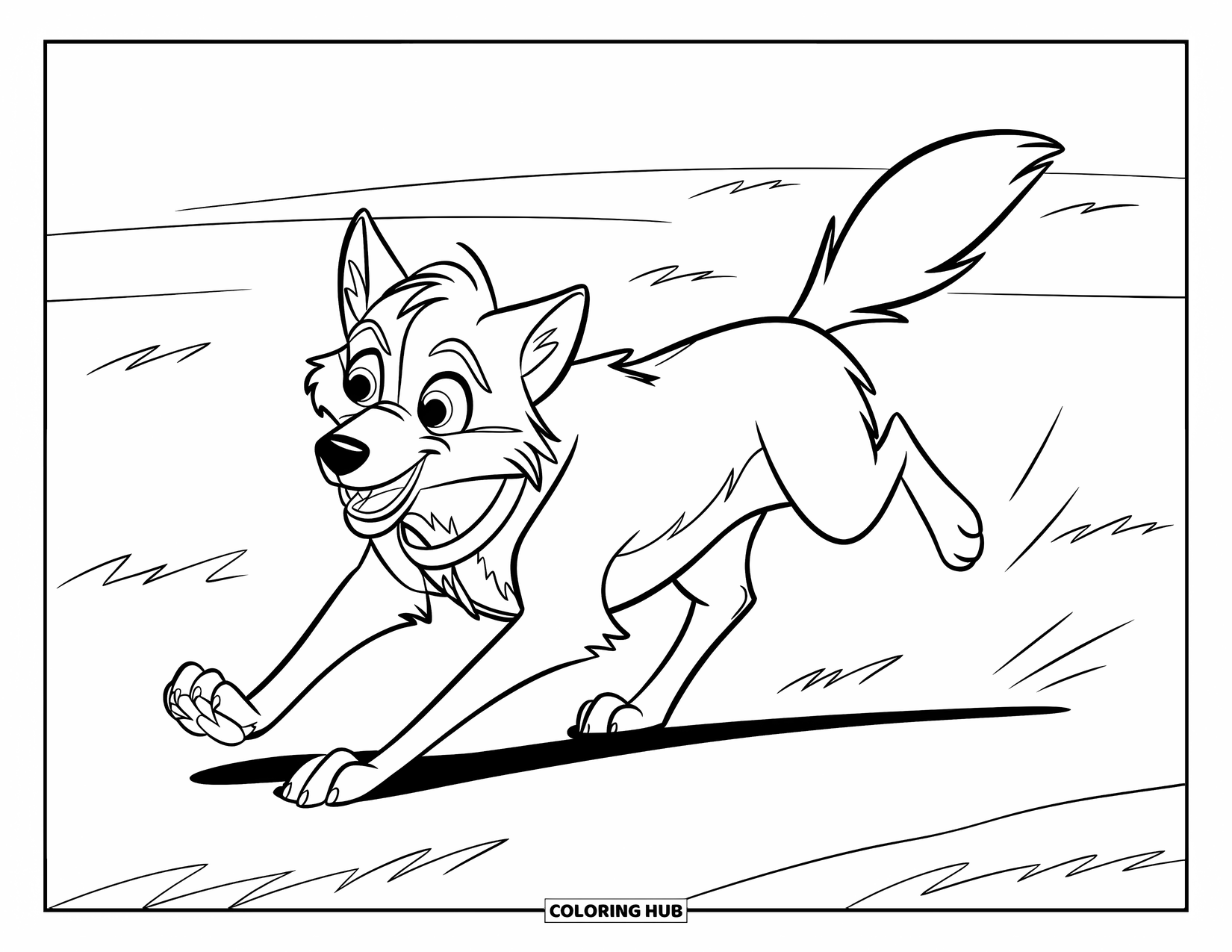 Wolf Coloring Page for Kids: A wolf playfully chases its tail on a grassy plain