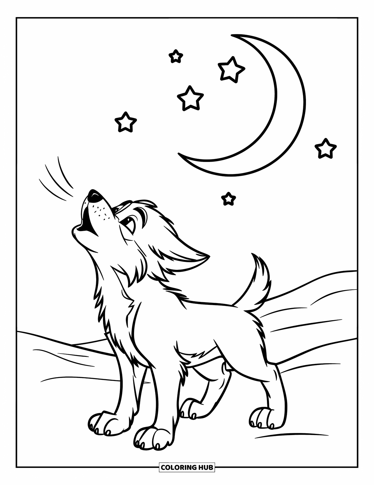 Wolf Coloring Page for Kids: A wolf pup howls at the moon on snowy ground