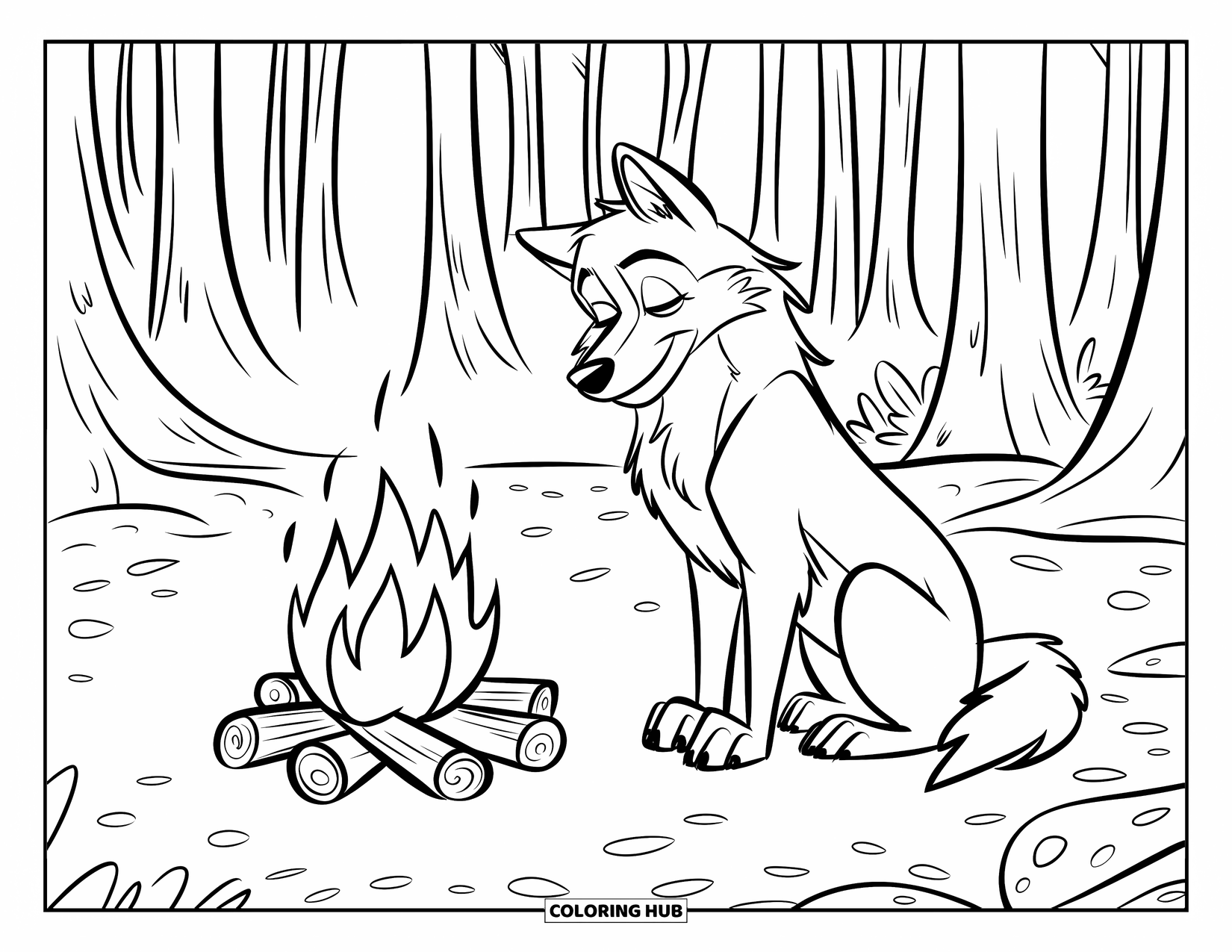 Wolf Coloring Page for Kids: A wolf rests by a campfire surrounded by tall trees