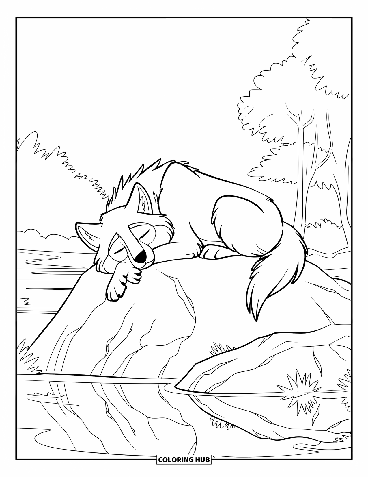 Wolf Coloring Page for Kids: A wolf rests on a rock near a peaceful lake